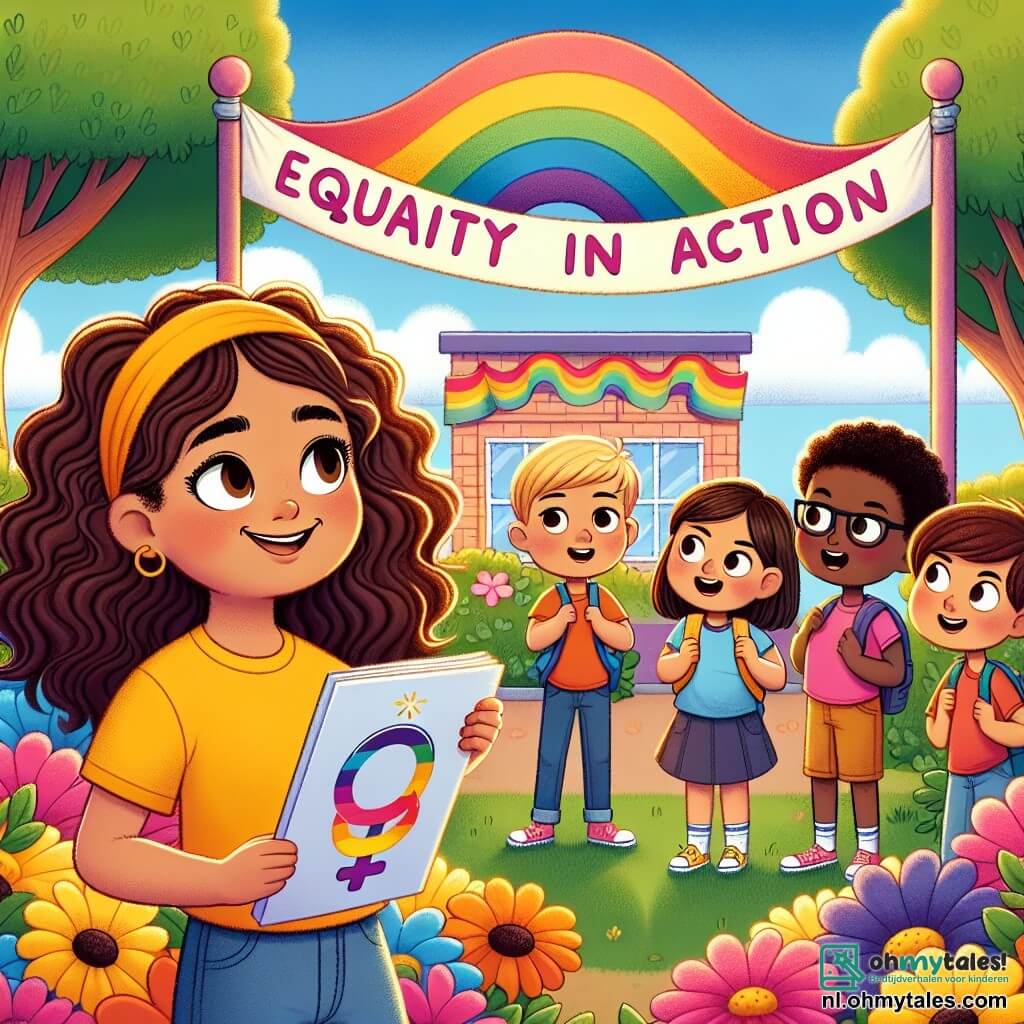 Une illustration sous forme de dessin destinée aux enfants représentant un jardin d'école coloré, avec des fleurs éclatantes et un ciel bleu en arrière-plan ; une fille de 11 ans aux cheveux bruns et bouclés, portant un t-shirt jaune et un short en jean, qui sourit en tenant une affiche sur l'égalité des genres, entourée de quatre enfants, deux garçons aux cheveux blonds et bruns, et deux filles aux cheveux lisses et frisés, tous engagés dans une discussion animée sur l'importance de travailler ensemble pour promouvoir l'égalité, tandis qu'une grande banderole colorée flottant au-dessus d'eux proclame "Gégalité en Action".