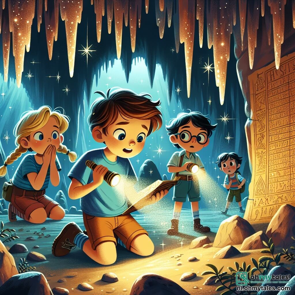 Illustratie van een scène in een mysterieuze grot, met glinsterende stalactieten en dansende schaduwen gecreëerd door een zacht licht van een kleine zaklamp. In het midden zit een 9-jarig jongetje met messy kastanjebruin haar, gekleed in een blauwe t-shirt en korte broek, met wijd opengesperde ogen van verwondering, terwijl hij een oude kaart in zijn handen houdt. Naast hem staat een 9-jarig meisje met gevlochten blond haar en een dappere glimlach, dat aandachtig naar de mysterieuze inscripties op de grotwand kijkt. Een andere jongen van 10 jaar met een bril en bruin haar kijkt om zich heen met een bezorgde uitdrukking, alsof hij verwacht dat er iets buitengewoons zal gebeuren. De sfeer is gevuld met opwinding en mysterie, met glinsterende schat-elementen op de achtergrond, wat een spannende avontuur oproept.