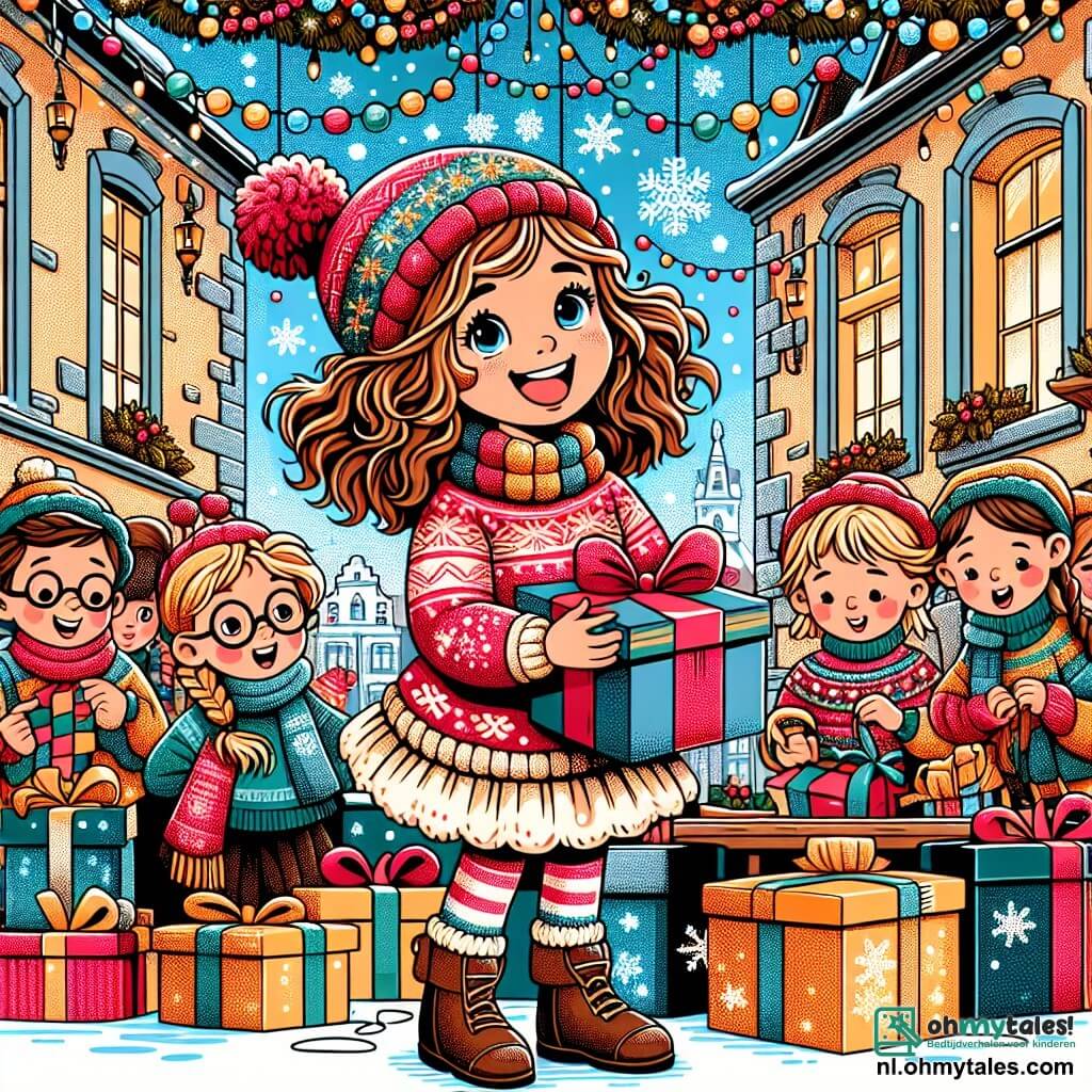Une illustration sous forme de dessin destinée aux enfants représentant un charmant vieux weeshuis décoré de guirlandes lumineuses et de flocons de neige, avec une fille de 11 ans aux cheveux châtains bouclés, portant un pull rouge et un bonnet en laine, qui sourit joyeusement en tenant une grande boîte de cadeaux, entourée de plusieurs enfants, dont un garçon aux lunettes rondes et une fille aux cheveux blonds tressés, tous en train de chanter des chants de Noël et de préparer des décorations colorées pour une grande fête, illustrant l'esprit de partage et de camaraderie de la saison.