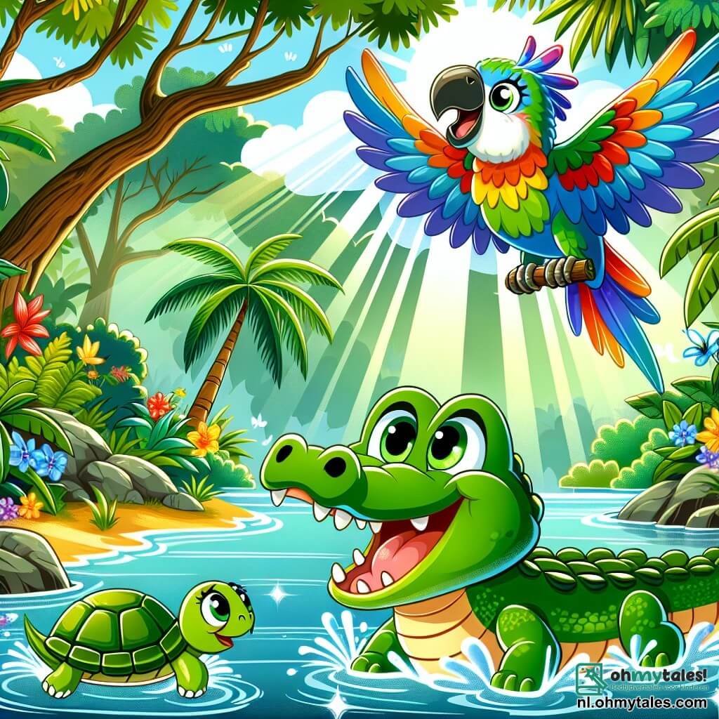 Une illustration sous forme de dessin destinée aux enfants représentant une jungle luxuriante avec des arbres majestueux et des fleurs colorées, où un jeune crocodile aux écailles vertes brillantes et aux yeux pétillants, nage joyeusement dans une rivière, entouré d'une joyeuse papaye aux plumes éclatantes qui vole autour de lui et d'un sage tortue au regard amical, alors qu'ils s'apprêtent à partir ensemble à l'aventure à la recherche d'une légendaire cachette de trésors, avec des rayons de soleil filtrant à travers le feuillage et des ombres dansantes sur l'eau.