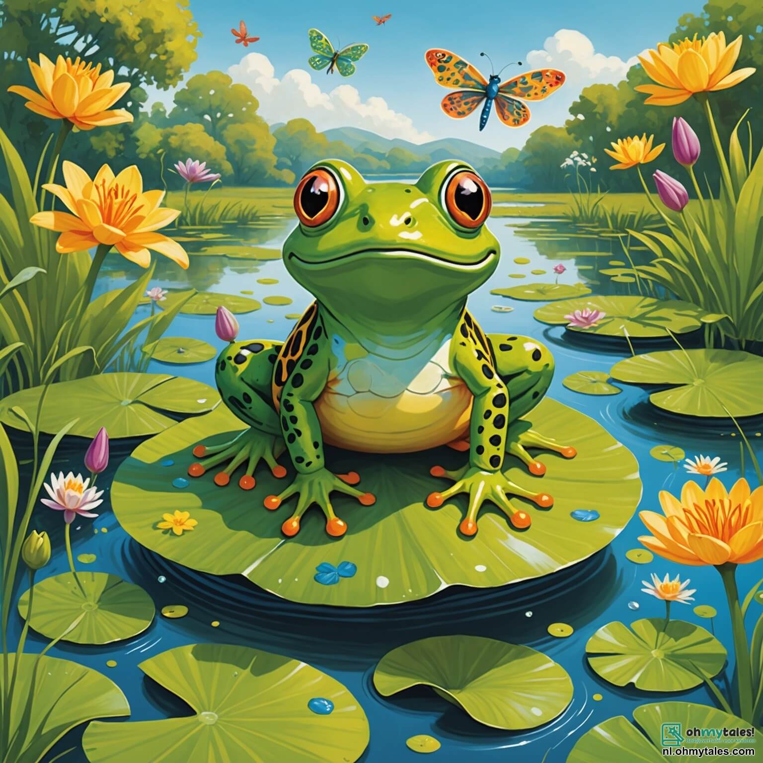 Une illustration destinée aux enfants représentant une petite grenouille espiègle aux yeux pétillants et à la peau d'un vert éclatant, sautillant joyeusement sur des nénuphars dorés au cœur d'un paisible marais, entourée de fleurs colorées qui dansent au gré du vent, tandis qu'un groupe de ses amis, dont une libellule aux ailes scintillantes et une tortue sage au carapace ornée de motifs, l'encouragent à participer à une compétition de sauts hilarants, le tout sous un ciel bleu azur parsemé de nuages cotonneux et d'oiseaux chantants, créant une atmosphère pleine de rires et d'aventures.