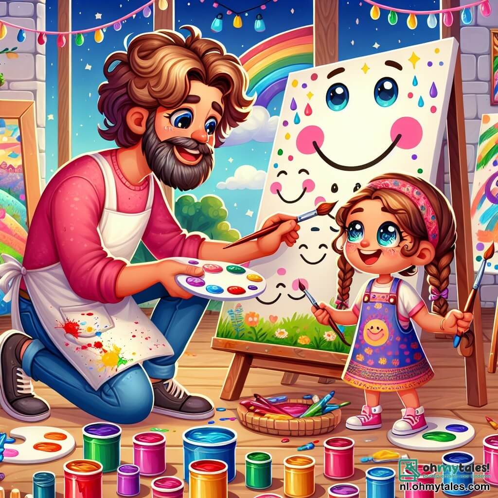 Une illustration sous forme de dessin destinée aux enfants représentant une grande et colorée studio d'art, rempli de pots de peinture et de toiles, où un homme aux cheveux bouclés et à la barbe douce, vêtu d'un tablier éclaboussé de peinture, est en train de peindre une murale joyeuse avec des visages souriants, tandis qu'une petite fille aux yeux pétillants et aux cheveux tressés, portant une robe colorée, l'aide en tenant un pinceau et en choisissant des couleurs vives, capturant l'esprit créatif et collaboratif de leur projet artistique.