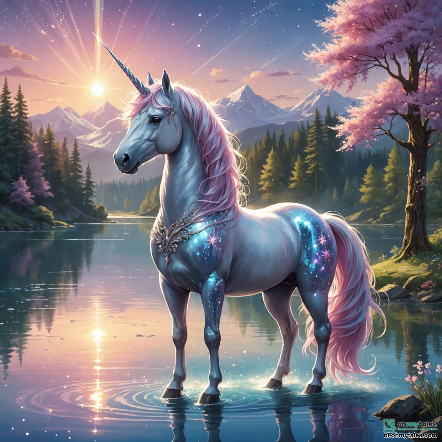 Une illustration destinée aux enfants représentant une majestueuse licorne aux crins scintillants d'argent et de rose, se tenant fièrement au bord d'un lac étincelant où les rayons du soleil dansent sur l'eau comme des milliers de petites étoiles, tandis qu'elle se prépare à entreprendre une quête magique pour découvrir le secret caché des forêts enchantées, accompagnée d'une petite fée aux ailes iridescentes, à la voix douce et mélodieuse, qui l'encourage avec des mots réconfortants, dans un monde où les arbres géants aux troncs noueux s'élèvent vers le ciel, ornés de fleurs luminescentes et de lianes enchevêtrées, créant une atmosphère féerique et mystérieuse, où chaque bruit de la nature semble murmurer des histoires anciennes.
