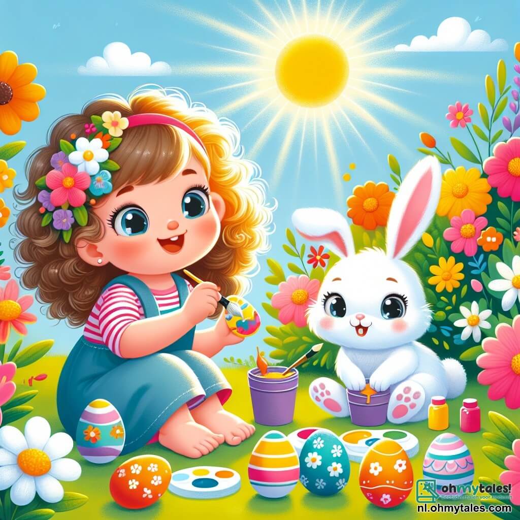 Une illustration sous forme de dessin destinée aux enfants représentant un jardin ensoleillé rempli de fleurs colorées, où une petite fille de 1 an aux cheveux bouclés et aux yeux pétillants s'amuse à peindre des œufs de Pâques avec des couleurs vives, tandis qu'un adorable petit lapin blanc aux grandes oreilles et au pelage doux l'observe avec curiosité, le tout dans une atmosphère joyeuse et festive, avec des œufs décorés éparpillés autour d'eux.