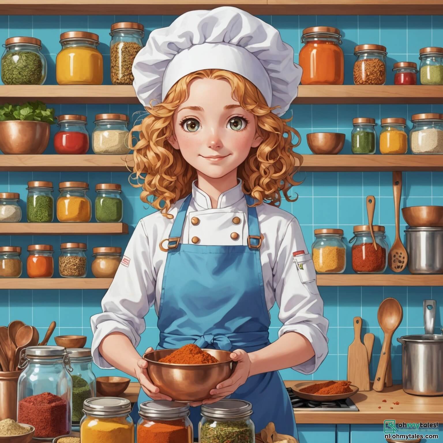 Une illustration destinée aux enfants représentant une femme chef cuisinière aux cheveux bouclés et dorés, vêtue d'une toque blanche et d'un tablier coloré, se tenant avec fierté dans une cuisine lumineuse aux murs carrelés de bleu pastel, où des étagères en bois sont remplies de bocaux d'épices colorées et d'ustensiles en cuivre brillant, entourée de deux enfants, une fille aux yeux pétillants et un garçon curieux, tous deux impatients de découvrir les secrets de la cuisine alors qu'ils s'apprêtent à concocter ensemble une délicieuse soupe aux légumes dans une ambiance chaleureuse et joyeuse, remplie de rires et de délicieuses odeurs.