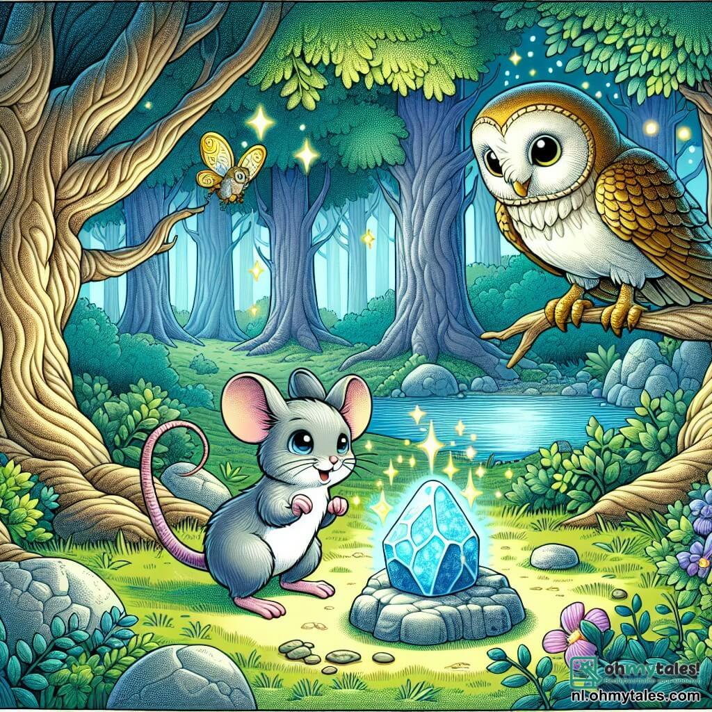 Une illustration sous forme de dessin destinée aux enfants représentant une clairière enchantée au cœur d'une forêt verdoyante, où une petite souris grise aux yeux pétillants, curieuse et déterminée, se tient devant un scintillant caillou magique, tandis qu'une majestueuse chouette aux plumes dorées l'observe avec bienveillance depuis une branche, et une délicate fleur chantante se penche vers elle, créant une atmosphère de mystère et d'émerveillement, symbolisant le début d'une grande aventure pleine de découvertes et de leçons.