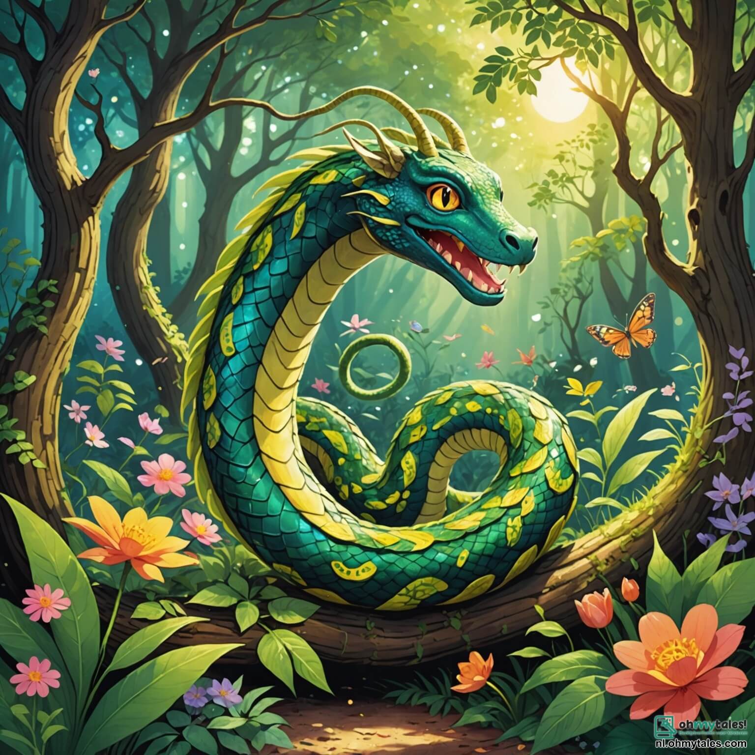 Une illustration destinée aux enfants représentant un serpent aux écailles scintillantes comme des étoiles, glissant avec grâce à travers une forêt enchantée où les rayons du soleil filtrent à travers les feuillages verdoyants, illuminant les fleurs colorées qui dansent au rythme du vent, tandis que le serpent, curieux et amical, cherche à se faire des amis parmi les animaux du bois, comme un petit lapin aux oreilles longues et une chouette sage perchée sur une branche, tous réunis dans ce décor féerique où les rires et les jeux résonnent sous le ciel bleu azur.