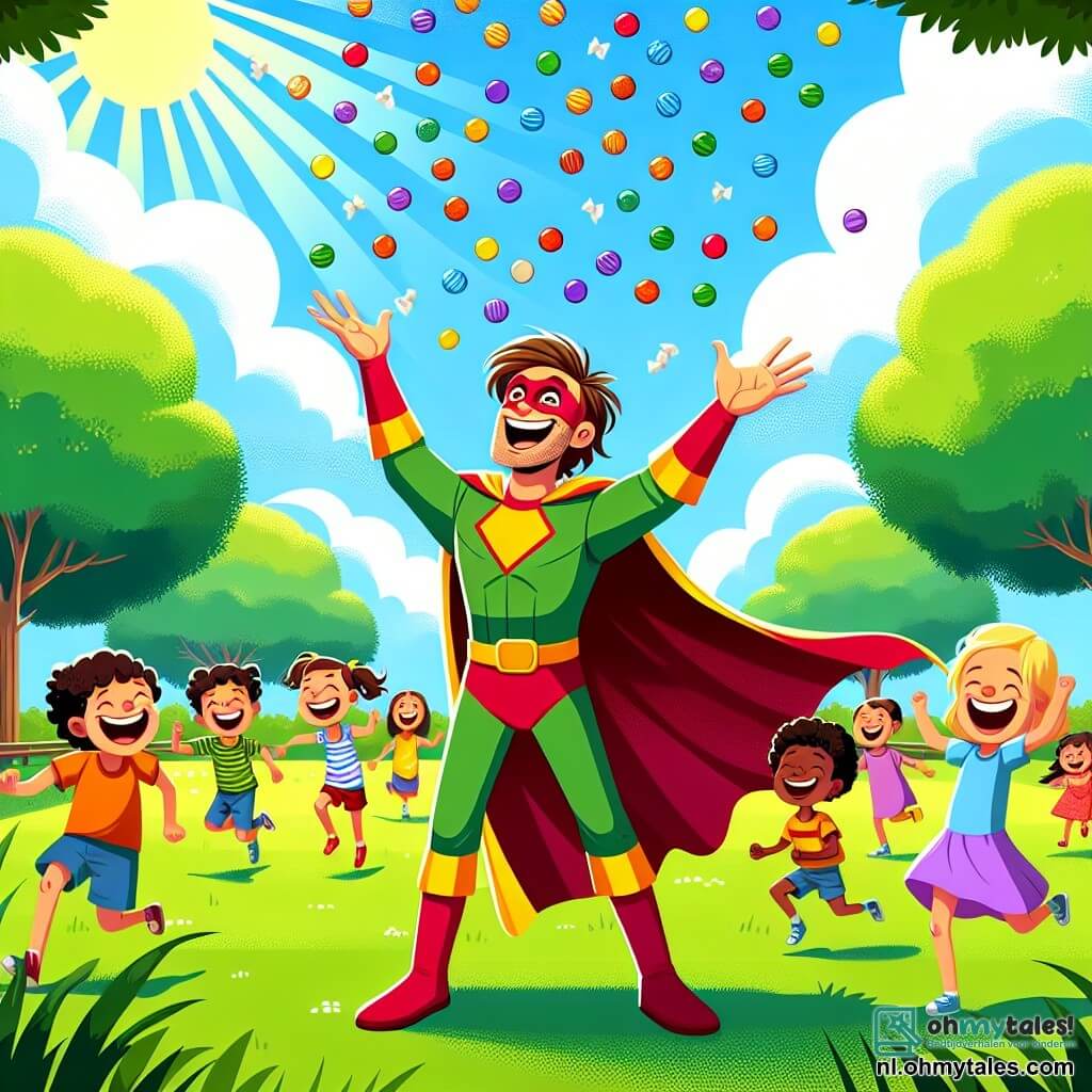 Illustratie van een vrolijke scène in een grote zonnige park. De lucht is helderblauw met donzige witte wolken, en groene bomen omringen een uitgestrekt gazon waar kinderen spelen. In het midden van de afbeelding staat een man gekleed als superheld, met een kleurrijk kostuum in felle rood- en geeltinten, en een grote glimlach. Hij heeft rommelig bruin haar en draagt een wapperende cape. Hij steekt zijn armen naar de lucht op, terwijl er kleurrijke snoepjes uit de lucht vallen als een zoete regen. Rondom hem rennen en springen verschillende kinderen van ongeveer 6 tot 10 jaar, jongens en meisjes, van blijdschap. Een jongen met blond, krullend haar in een groene t-shirt reikt naar de snoepjes. Een meisje met lang bruin haar in een roze jurk lacht luid terwijl ze probeert de snoepjes op te rapen. De hoofdscène toont de superheld die snoepjes in de lucht gooit, wat een feestelijke en speelse sfeer creëert, terwijl de kinderen zich vermaken met het vangen ervan. Kleurrijke bloemen en zwevende ballonnen voegen een vleugje magie toe aan de scène, wat de vrolijke en speelse sfeer van dit moment van delen en geluk versterkt.