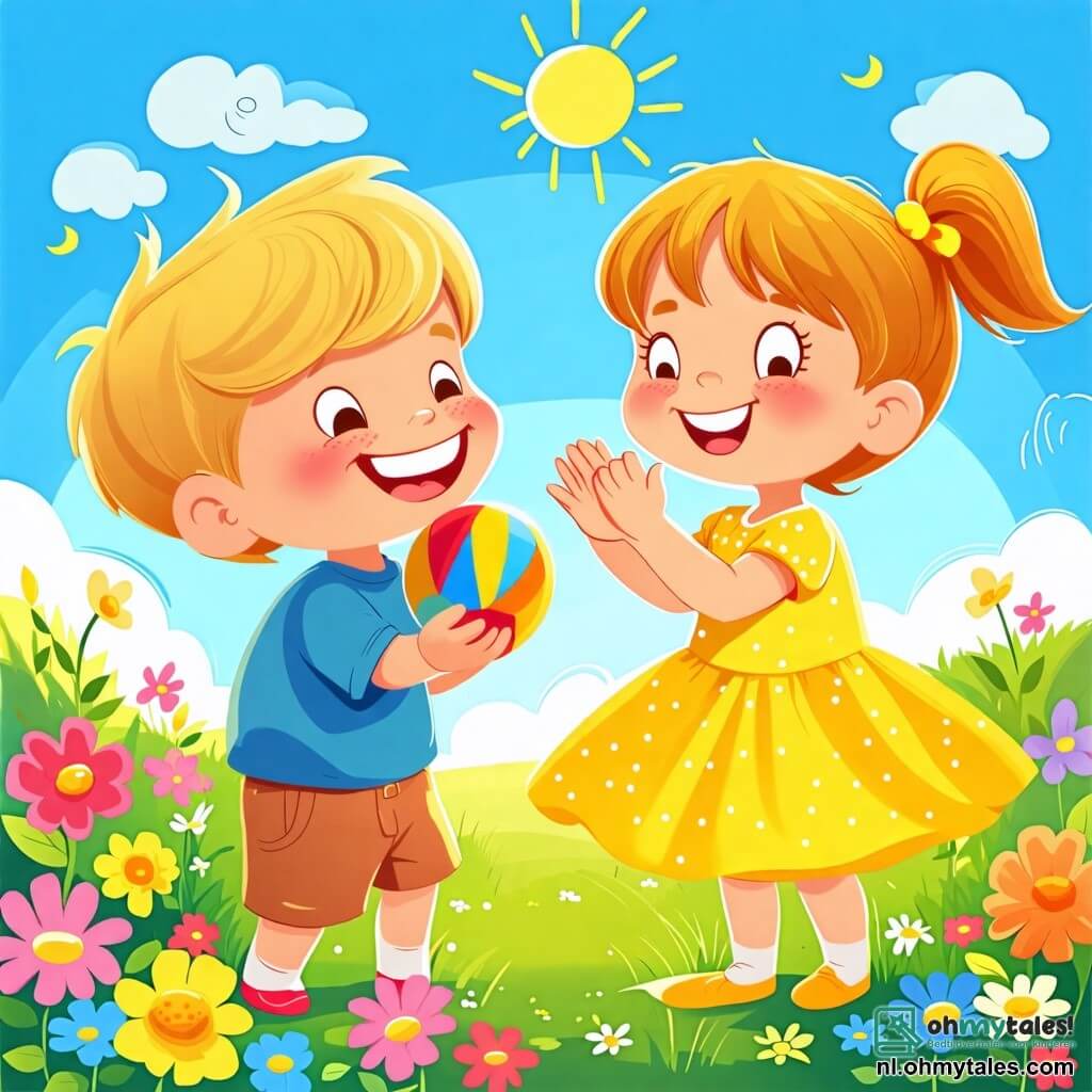 Une illustration sous forme de dessin destinée aux enfants représentant un jardin ensoleillé avec des fleurs colorées et un ciel bleu, où un petit garçon de 2 ans aux cheveux blonds et aux yeux pétillants sourit joyeusement en jouant avec une balle, tandis qu'une petite fille de 2 ans portant une jolie robe jaune applaudit avec enthousiasme, capturant un moment de bonheur et d'amitié entre les deux enfants qui s'amusent ensemble dans la douceur de l'après-midi.