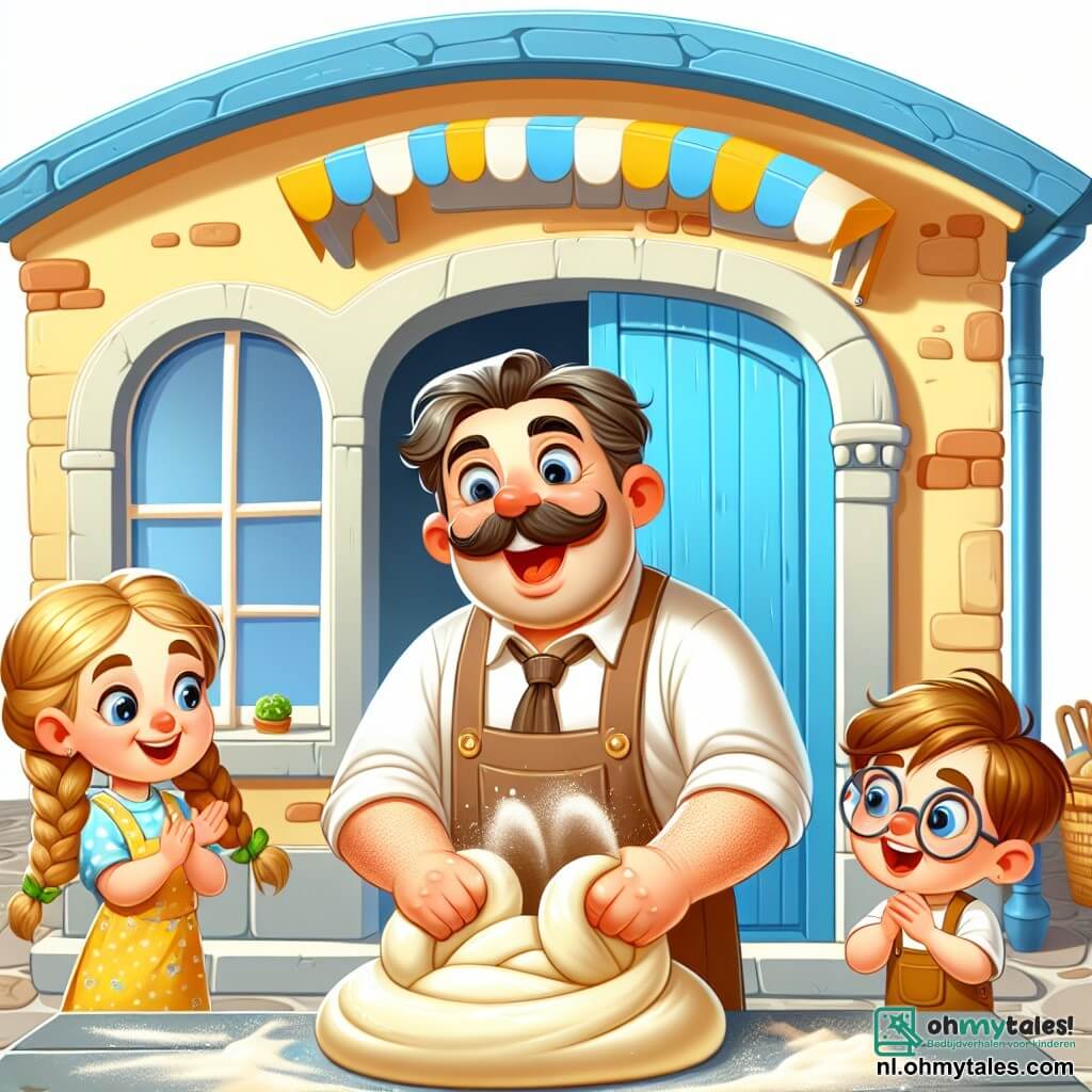 Une illustration sous forme de dessin destinée aux enfants représentant une charmante boulangerie avec une façade jaune éclatante et une grande porte bleue, où un homme jovial avec une moustache et un tablier farci de farine pétrit avec enthousiasme un grand morceau de pâte, tandis que deux enfants, une fille aux cheveux tressés et un garçon aux lunettes, l'observent avec émerveillement, impatients de découvrir les formes amusantes qu'ils vont créer ensemble, remplissant l'air de l'odeur délicieuse du pain frais et de la joie de partager un moment de créativité.
