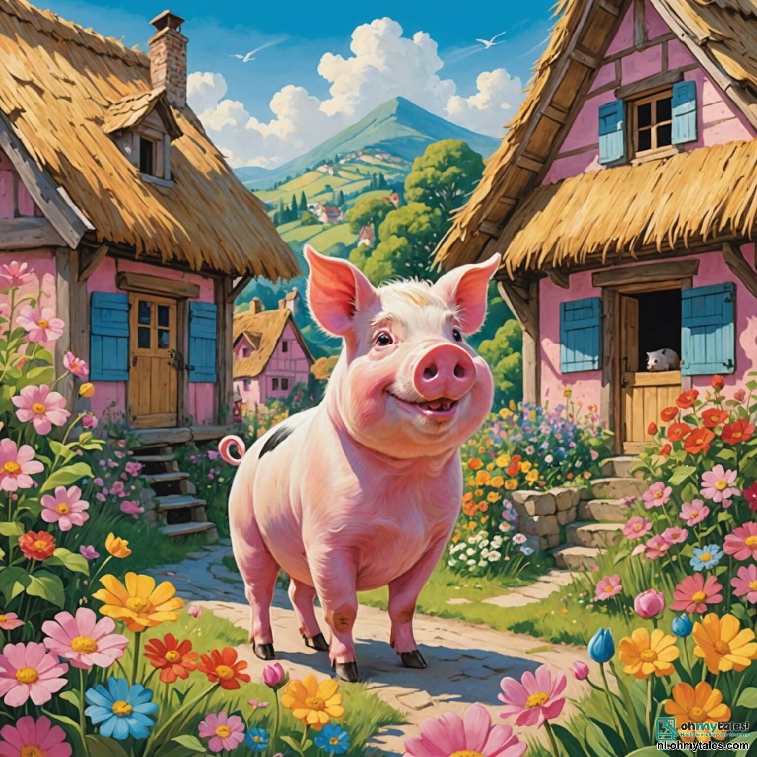 Une illustration destinée aux enfants représentant un cochon au pelage rose et soyeux, aux yeux pétillants de curiosité, se tenant au bord d'une clairière ensoleillée, entourée de fleurs multicolores dans un village pittoresque où les maisons aux toits en chaume sont ornées de volets peints de mille couleurs, tandis que ce cochon rêve d'aventures palpitantes à travers la forêt enchantée, accompagné de son amie, une petite lapine aux grandes oreilles frémissantes, prête à explorer les mystères de leur monde magique.