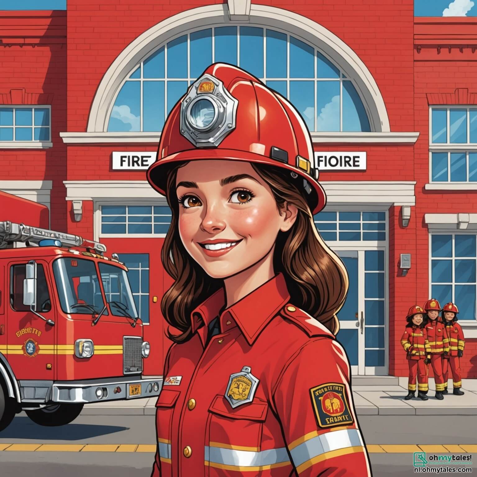 Une illustration destinée aux enfants représentant une courageuse femme en uniforme rouge éclatant, avec un casque brillant et un sourire chaleureux, se tenant fièrement devant une grande caserne de pompiers aux murs peints en rouge vif, ornée de grandes portes blanches et de fenêtres à volets, où se déroulent les aventures palpitantes d'une journée dédiée à l'apprentissage de la sécurité incendie pour un groupe de jeunes enfants, dont une fille aux cheveux blonds tressés, impatiente de devenir une héroïne comme son modèle, et un garçon au T-shirt rayé, rêvant de conduire la grande camionnette rouge, tous deux entourés de l'odeur du caoutchouc brûlé et du son des sirènes qui résonnent dans l'air frais du matin.