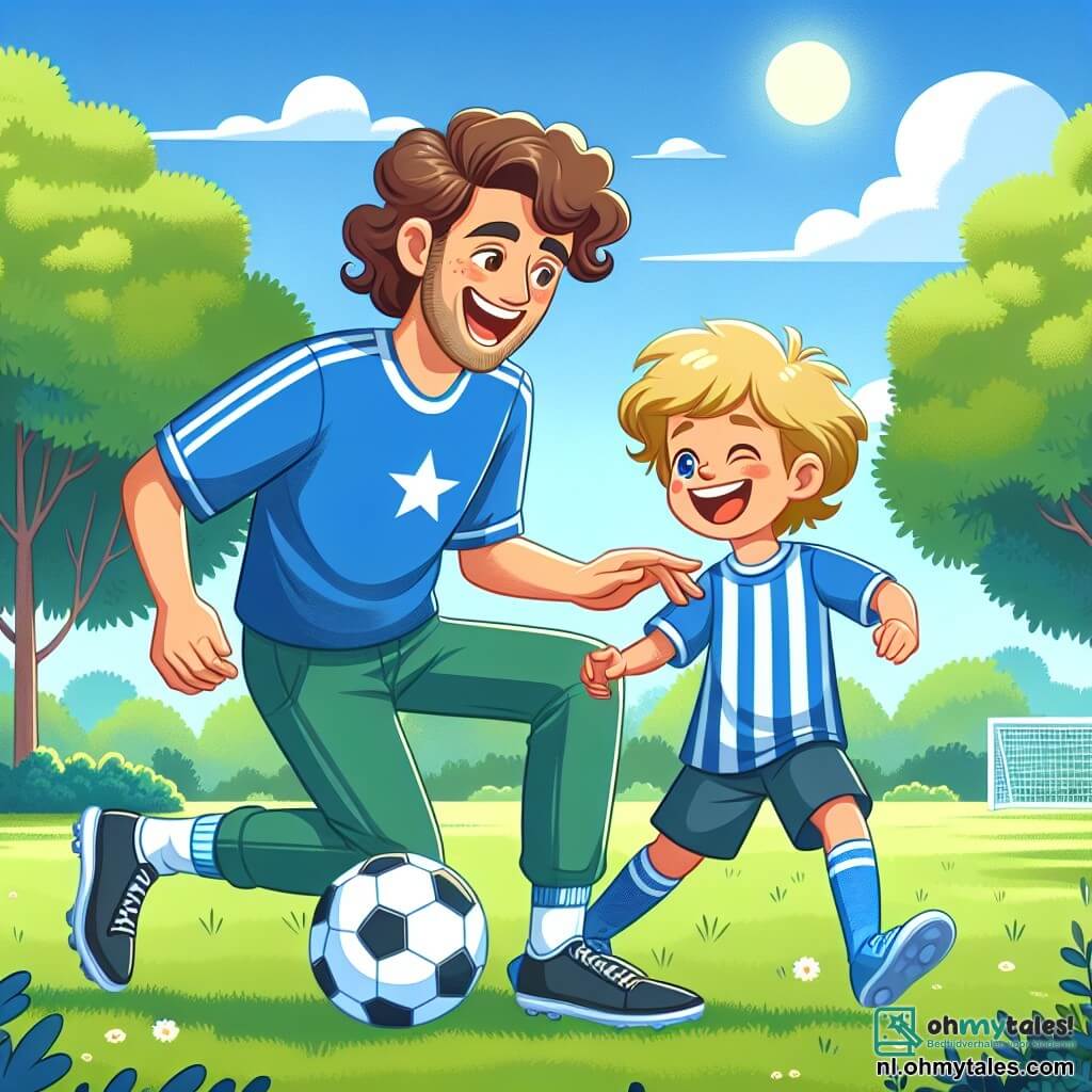 Une illustration sous forme de dessin destinée aux enfants représentant un parc ensoleillé avec des arbres verdoyants et un ciel bleu, où un homme aux cheveux bruns et bouclés, portant un maillot de football bleu avec une étoile blanche, montre des dribbles à un jeune garçon aux cheveux blonds, souriant et enthousiaste, qui tient un ballon de football sous son bras, tandis qu'ils rient ensemble, illustrant le thème de l'amitié et de la passion pour le football.