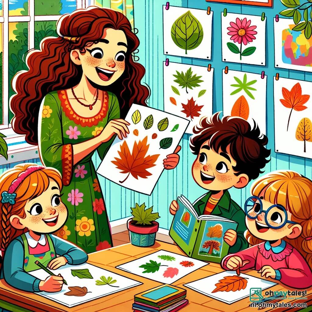 Une illustration sous forme de dessin destinée aux enfants représentant une salle de classe lumineuse et colorée, avec des murs décorés de dessins d'enfants et de plantes vertes, où une institutrice souriante aux cheveux châtains et bouclés, portant une robe colorée, montre avec enthousiasme des feuilles de différentes formes à un groupe de quatre élèves : une fille aux cheveux tressés, captivée par une feuille d'érable, un garçon aux cheveux en bataille, tenant un livre sur les arbres, et une autre fille aux lunettes, prenant des notes avec un crayon, tous assis autour d'une table en bois, illustrant le moment joyeux où ils découvrent ensemble la magie de la nature.