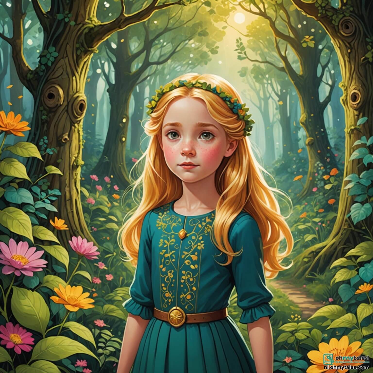 Une illustration destinée aux enfants représentant une jeune fille aux cheveux dorés, pétillante de curiosité et d'innocence, se tenant au milieu d'une forêt enchantée où les arbres majestueux, drapés de lianes verdoyantes et parsemés de fleurs éclatantes, semblent murmurer des secrets, tandis qu'elle se retrouve face à un dilemme captivant où elle doit choisir entre dire la vérité sur un petit mensonge qu'elle a raconté à ses amis, un groupe de garçons espiègles aux rires contagieux, qui l'entourent avec des yeux brillants d'excitation, tous perdus dans un monde de magie et d'aventures, où les rayons du soleil filtrent à travers le feuillage, créant un jeu d'ombres dansant sur le sol tapissé de mousse douce et de pétales colorés.