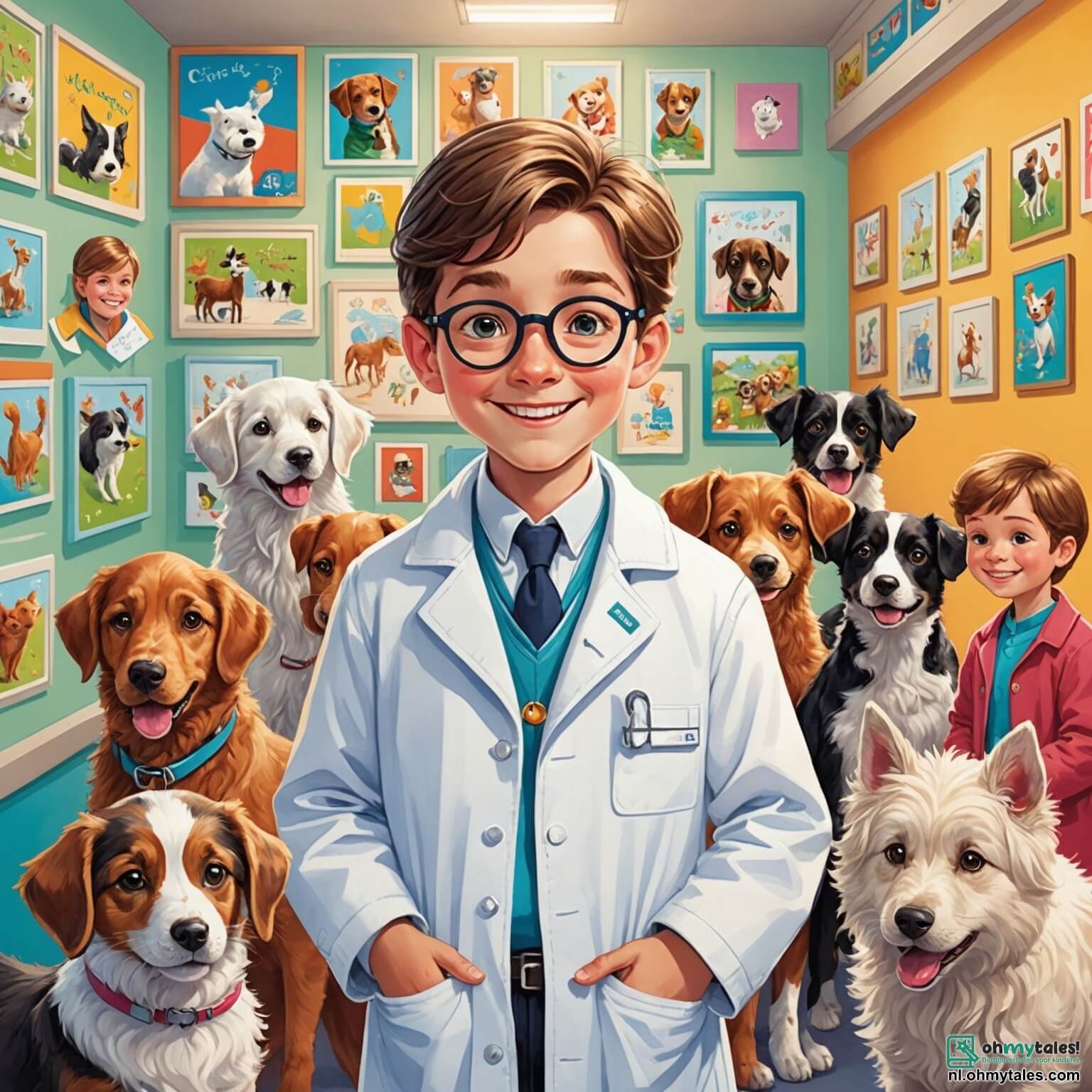 Une illustration destinée aux enfants représentant un homme au sourire chaleureux et aux yeux pétillants de bienveillance, vêtu d'une blouse blanche impeccable, entouré de doux animaux aux pelages variés dans une pratique vétérinaire colorée, où les murs sont ornés de dessins d'enfants et de posters d'animaux, tandis qu'une petite fille aux couettes et un garçon aux lunettes l'observent avec émerveillement alors qu'il soigne un adorable chiot aux grandes oreilles tombantes, le tout baigné par la lumière dorée du soleil filtrant à travers les fenêtres, créant une atmosphère joyeuse et réconfortante.