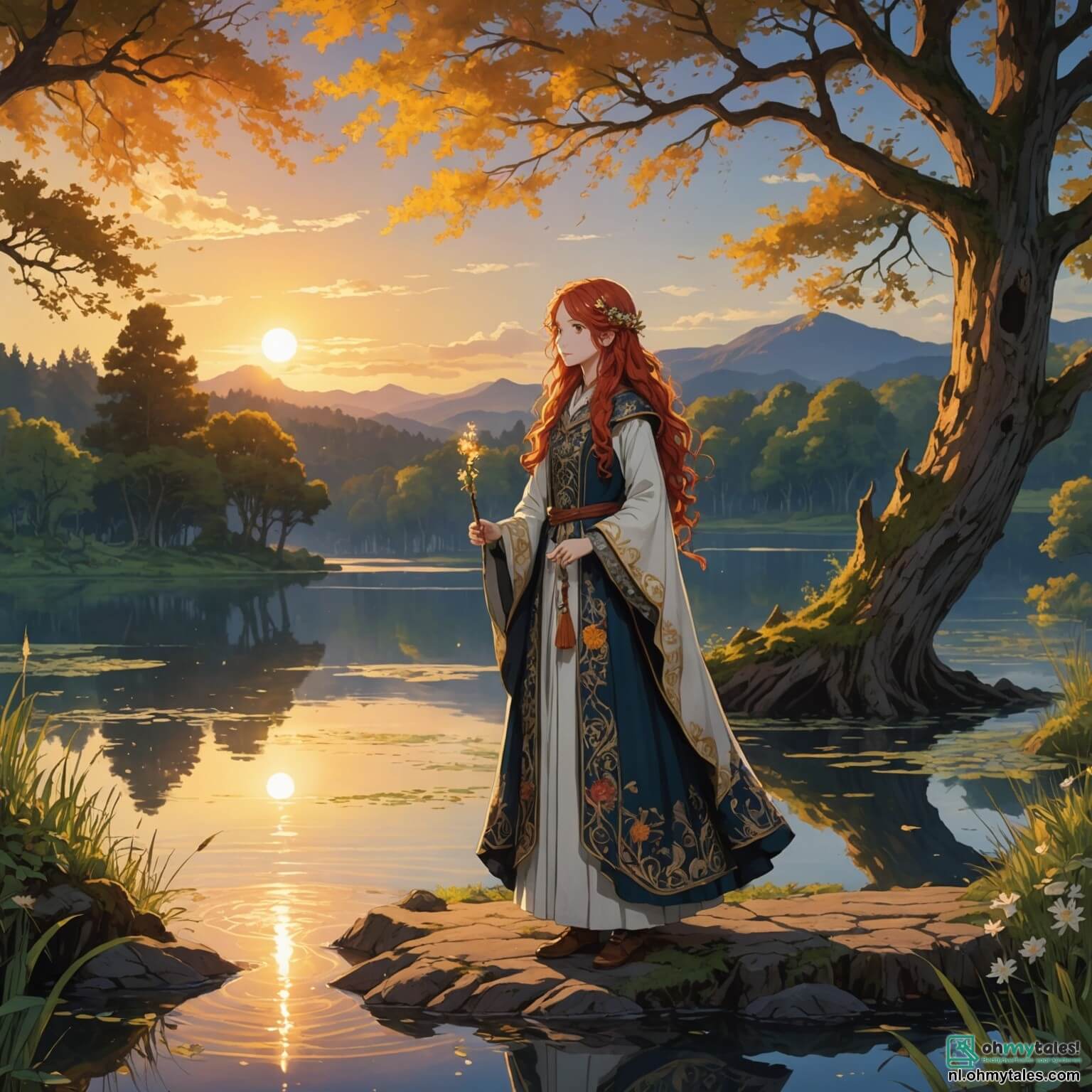Une illustration destinée aux enfants représentant une jeune femme à la chevelure flamboyante, vêtue d'une tunique en lin brodée de motifs floraux, se tenant fièrement au bord d'un mystérieux lac scintillant sous les rayons dorés du soleil couchant, entourée de majestueux arbres aux troncs noueux et aux feuilles vibrantes, tandis qu'un sage magicien à la barbe argentée, vêtu d'un long manteau étoilé, l'observe avec bienveillance, et un loup aux yeux perçants, symbole de courage et de protection, se tient à ses côtés, alors qu'elle s'apprête à entreprendre une quête audacieuse pour retrouver une ville perdue, pleine de magie et de secrets, enfouie au cœur d'une forêt enchantée où les murmures des ancêtres résonnent à travers les branches.