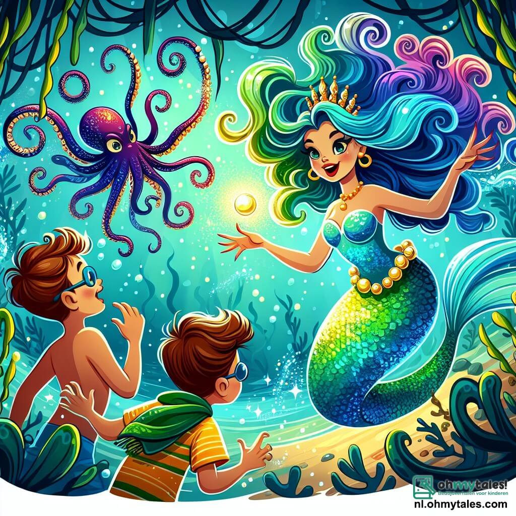 Une illustration sous forme de dessin destinée aux enfants représentant une scène magique au fond de l'océan, où une magnifique sirène aux écailles scintillantes de bleu et de vert, avec de longs cheveux ondulés flottant autour d'elle, tient une brillante perle dorée dans ses mains, tandis qu'un garçon courageux aux cheveux bruns et une fille pétillante aux cheveux blonds, tous deux en maillots de bain colorés, l'observent avec émerveillement, alors qu'ils se préparent à affronter un redoutable octopus aux tentacules sinueux qui émerge des ombres, créant une atmosphère d'aventure et de mystère.