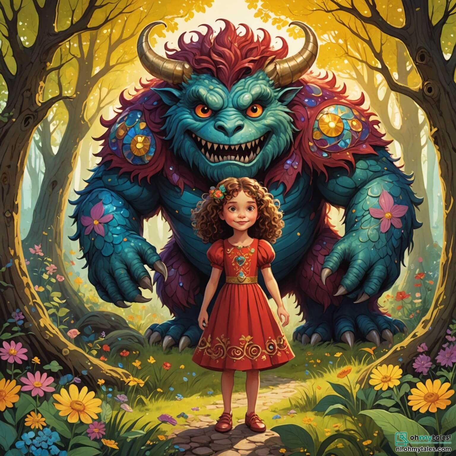 Une illustration destinée aux enfants représentant un grand monstre au cœur d'une forêt enchantée, avec des écailles scintillantes comme des gemmes sous le soleil, des yeux doux et ronds qui brillent d'une lueur amicale, se tenant dans une clairière baignée de lumière dorée, entouré de fleurs multicolores et de grands arbres aux troncs noueux, tandis qu'une petite fille aux cheveux bouclés et à la robe rouge, pleine de curiosité et de courage, s'approche timidement de lui, car ensemble ils vont découvrir les merveilles cachées de ce monde féerique où les créatures fantastiques dansent sous les étoiles.