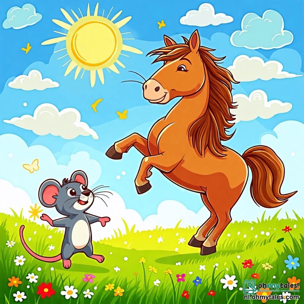 Une illustration sous forme de dessin destinée aux enfants représentant une vaste et ensoleillée prairie verdoyante, où un grand cheval brun avec une crinière brillante danse joyeusement, tandis qu'une petite souris grise avec un ventre blanc, aux yeux pétillants, tourne en rond autour de ses pattes, le tout sous un ciel bleu parsemé de nuages moelleux, capturant l'esprit d'un joyeux festival improvisé entre amis, rempli de rires et de bonne humeur.