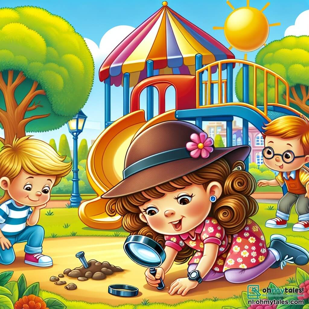 Une illustration sous forme de dessin destinée aux enfants représentant un parc ensoleillé avec des arbres colorés et un grand toboggan, où une fille de 7 ans aux cheveux bruns et bouclés, portant une loupe et un chapeau de détective, examine attentivement le sol à la recherche d'indices, tandis que deux de ses amis, un garçon aux cheveux blonds en t-shirt rayé et une fille aux cheveux châtains en robe à fleurs, l'observent avec curiosité, tous trois cherchant à résoudre le mystère des jouets disparus.