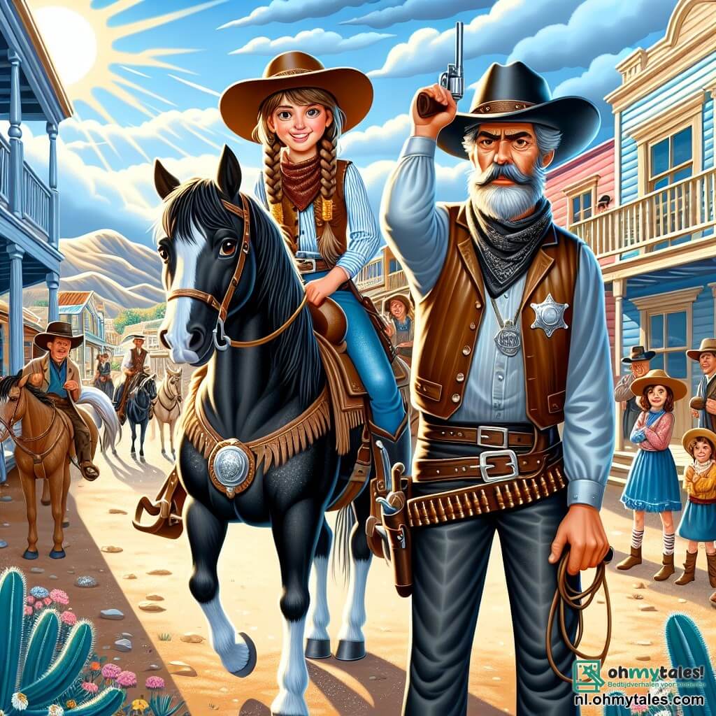 Illustratie van een levendige scène in een klein stadje in het Wilde Westen, met houten gebouwen met kleurrijke gevels, een heldere blauwe lucht en bergen op de achtergrond. In het midden staat een jonge cowgirl met lange, gevlochten bruine haren, een cowboyhoed en een leren jas, trots op haar zwarte paard, met de teugels in één hand en een vastberaden glimlach op haar gezicht. Naast haar staat een oudere sheriff van ongeveer vijftig jaar, met een grote grijze snor en een cowboyhoed, die zijn arm heft om de richting van de bandieten aan te geven, zijn gezicht getekend door ervaring. Op de achtergrond kijken dorpelingen van alle leeftijden, sommige kinderen met strohoeden en volwassenen in werkkleding, met bewondering en opwinding toe. De hoofdscène toont de cowgirl en de sheriff die zich voorbereiden om bandieten te vangen, met glinsteringen op de glanzende voorwerpen op de grond die de aandacht van de bandieten trekken. Cactussen en wilde paarden voegen een authentiek tintje toe aan deze scène uit het Wilde Westen.