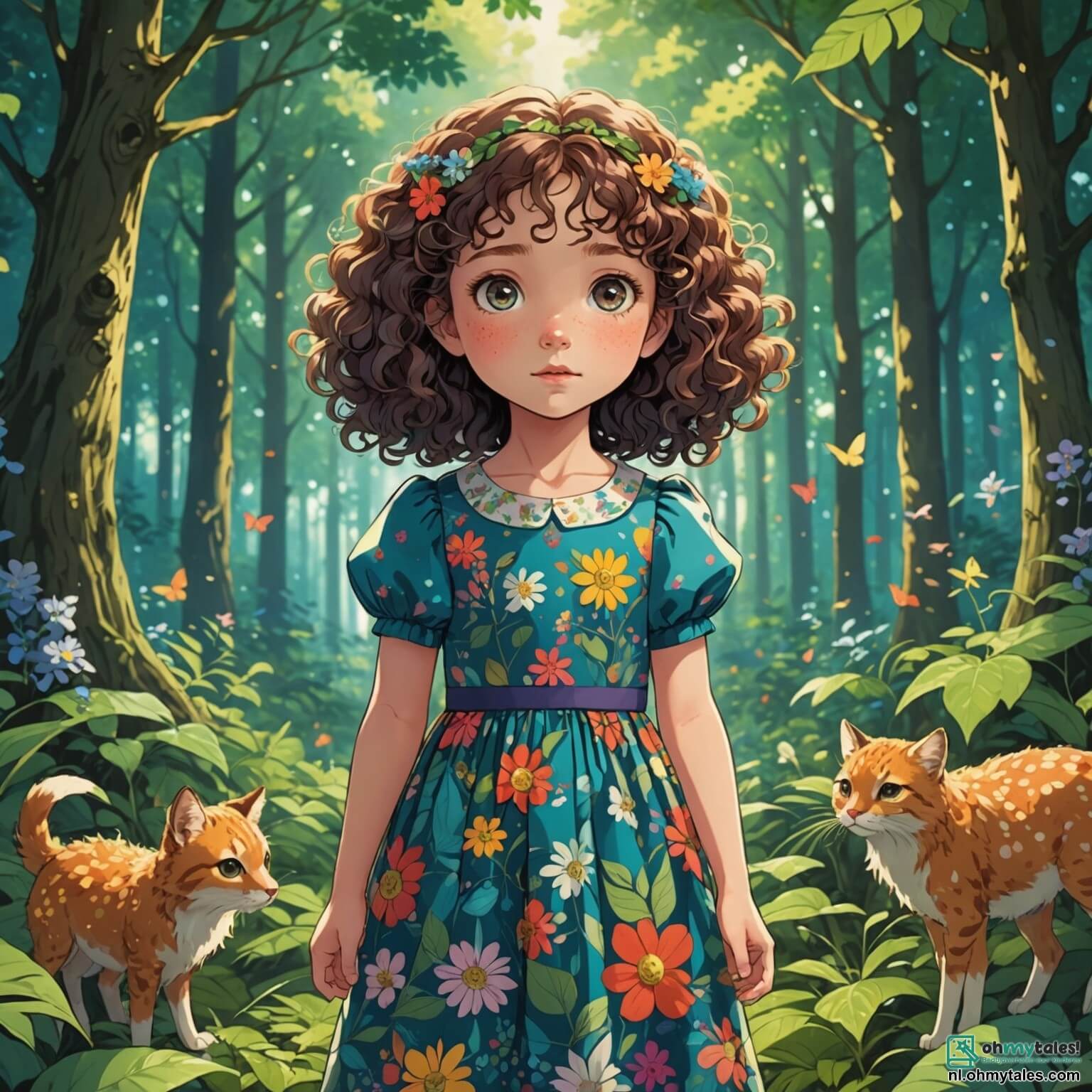 Une illustration destinée aux enfants représentant une petite fille aux cheveux bouclés et aux yeux pétillants, vêtue d'une robe colorée ornée de motifs floraux, se tenant au milieu d'une forêt verdoyante où les arbres majestueux, aux feuilles chatoyantes, dansent doucement sous la brise légère, tandis qu'elle observe avec inquiétude les fleurs fanées et les animaux tristes autour d'elle, symbolisant les effets du changement climatique, accompagnée de son fidèle ami, un petit écureuil espiègle à la fourrure rousse, qui l'encourage à trouver des solutions pour sauver leur habitat, dans un monde où la nature autrefois éclatante commence à perdre ses couleurs vives à cause de la pollution et du réchauffement climatique.