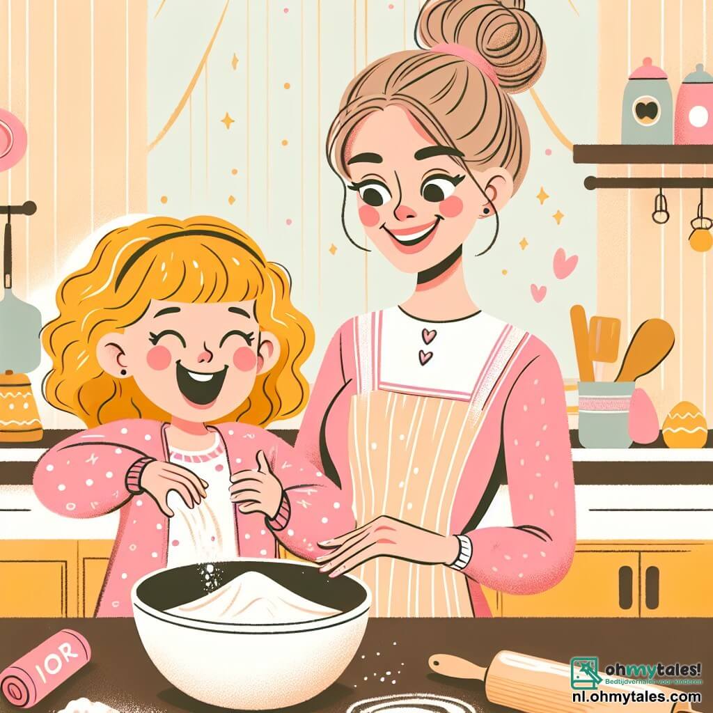 Une illustration sous forme de dessin destinée aux enfants représentant une cuisine chaleureuse et animée, avec des murs peints en jaune pastel, où une petite fille de 4 ans aux cheveux bouclés et blonds, portant une jolie veste rose à pois blancs, s'amuse à verser de la farine dans un grand bol, tandis que sa maman, une femme souriante aux cheveux châtains attachés en chignon, l'observe avec tendresse en tenant un rouleau à pâtisserie, et des éclats de rire résonnent autour d'eux, évoquant la magie des préparatifs pour la fête du Nouvel An.