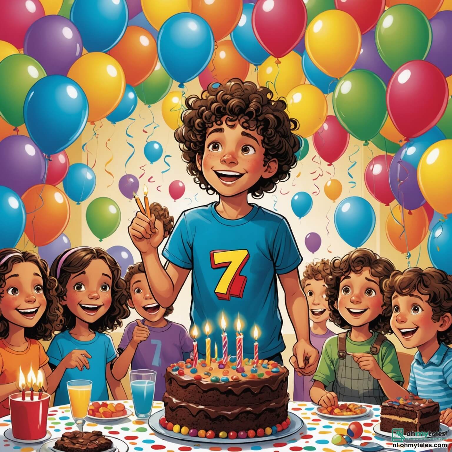 Une illustration destinée aux enfants représentant un garçon aux cheveux bouclés et aux yeux pétillants, débordant d'excitation alors qu'il célèbre son septième anniversaire dans une salle lumineuse ornée de ballons colorés flottant au plafond, d'une grande table recouverte d'une nappe à motifs joyeux, où trône une immense chocolaterie décorée de bougies scintillantes, entouré de ses amis, une fille aux couettes et un garçon à lunettes, tous riant et jouant à des jeux de société, tandis que sa mère, une femme souriante aux cheveux châtains, s'affaire à préparer des douceurs dans la cuisine adjacente, le tout baigné par la douce lumière du soleil filtrant à travers les fenêtres, créant une atmosphère chaleureuse et festive.