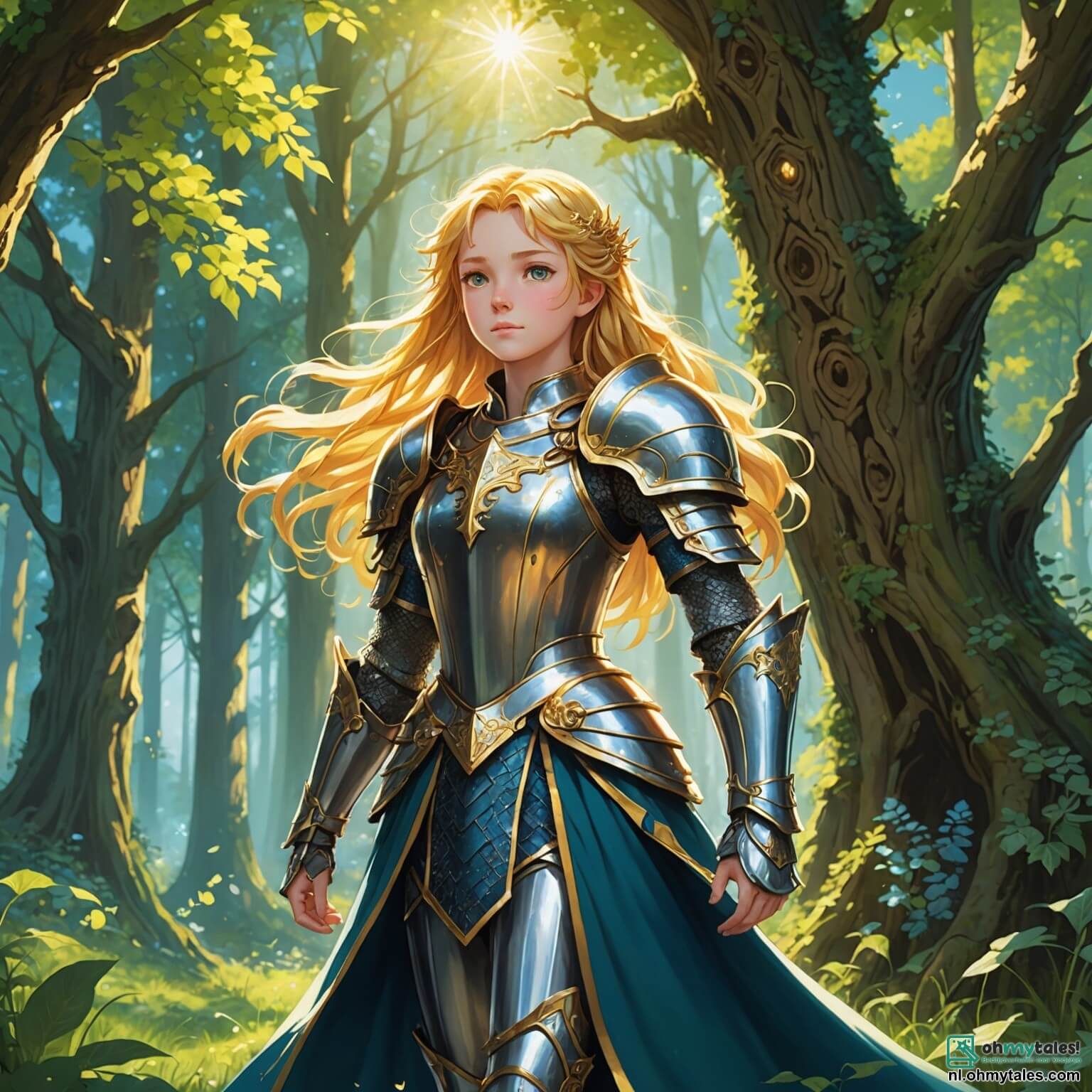 Une illustration destinée aux enfants représentant une courageuse chevaleresse aux cheveux dorés flottant comme des rayons de soleil, vêtue d'une armure étincelante qui scintille sous la lumière d'un ciel azur, se tenant fièrement devant une vaste forêt mystérieuse où les arbres majestueux, aux troncs noueux et aux feuilles verdoyantes, semblent murmurer des secrets anciens, tandis qu'à ses côtés, une petite fée aux ailes scintillantes, aussi vive qu'un papillon, l'encourage avec un sourire malicieux, alors qu'elles se préparent à affronter ensemble les dangers d'un royaume menacé par une ombre maléfique, où un loup rusé, à la fourrure grise et aux yeux perçants, se dresse comme un gardien redoutable, prêt à tester leur bravoure et leur intelligence dans cette quête épique pour retrouver une précieuse trésor caché.
