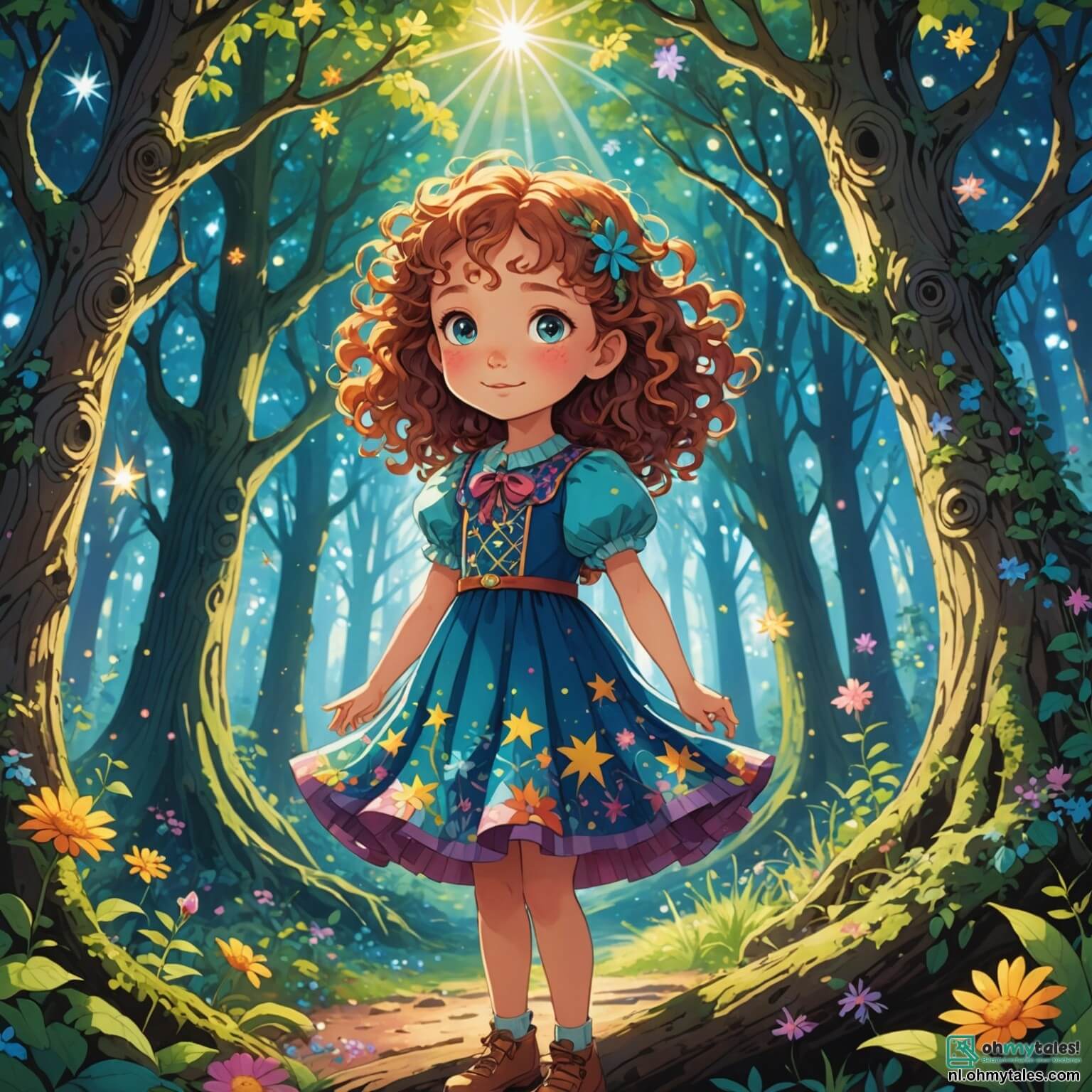 Une illustration destinée aux enfants représentant une jeune fille aux cheveux bouclés et flamboyants, avec des yeux pétillants de curiosité, vêtue d'une robe colorée ornée de motifs étoilés, se tenant au milieu d'une forêt enchantée où les arbres majestueux aux troncs noueux s'élèvent vers un ciel d'un bleu éclatant, tandis que des rayons de soleil filtrent à travers le feuillage, illuminant des fleurs multicolores qui dansent au gré du vent, alors qu'elle découvre un ancien grimoire scintillant posé sur un lit de mousse verdoyante, entourée de son fidèle ami, un jeune garçon aux cheveux châtains et à l'esprit aventurier, qui l'encourage à maîtriser ses nouvelles compétences de sorcellerie pour sauver les étoiles mystérieusement disparues, tout en étant observés par une sage chouette aux plumes argentées perchée sur une branche, prête à leur offrir des conseils magiques.