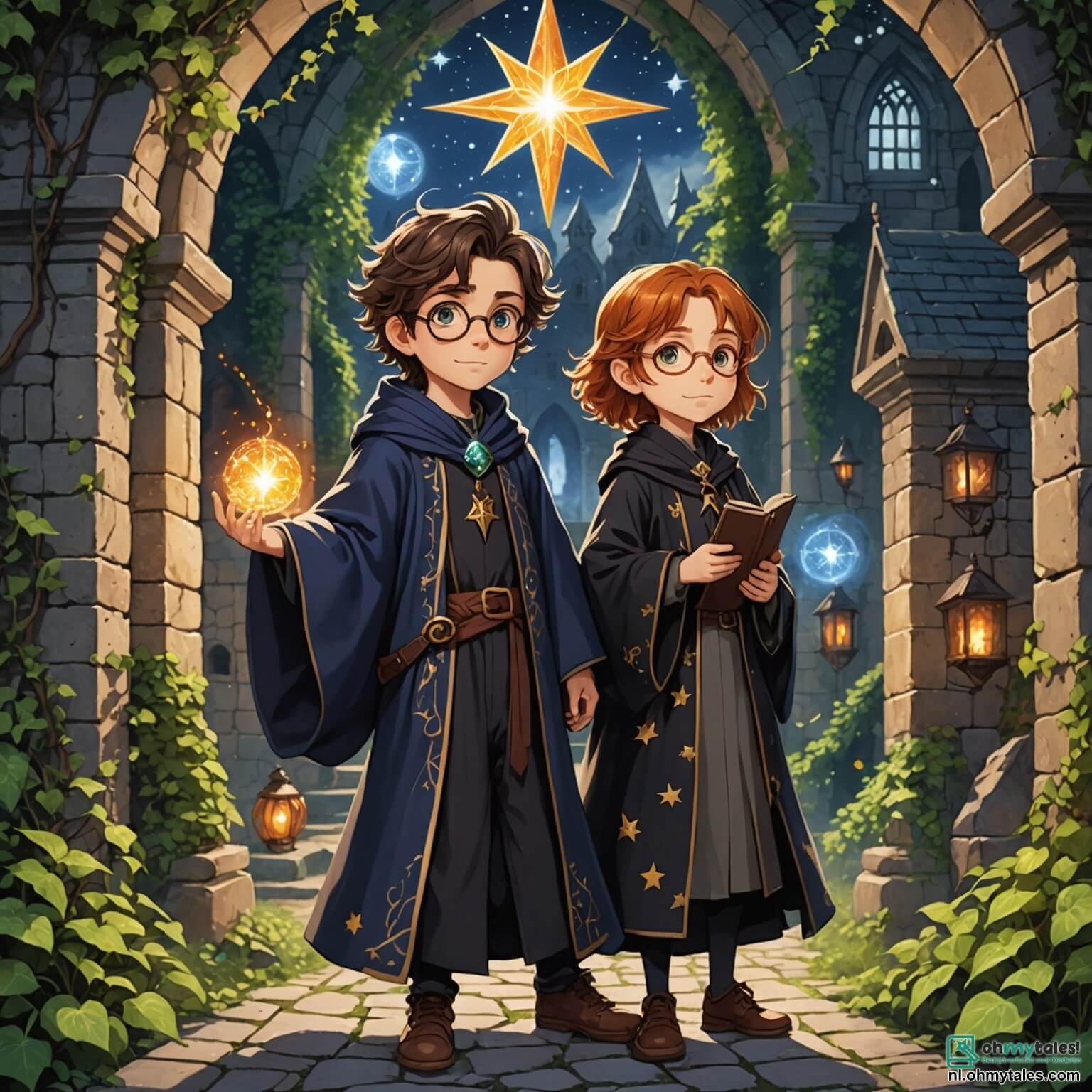 Une illustration destinée aux enfants représentant un jeune sorcier aux cheveux en désordre et aux yeux pétillants de curiosité, vêtu d'une robe de sorcier ornée de motifs étoilés scintillants, se tenant courageusement au cœur d'une ancienne académie de magie, où des murs en pierre couverts de lierre et de runes mystérieuses s'élèvent autour de lui, tandis qu'une jeune sorcière à la chevelure flamboyante et aux lunettes rondes, son amie fidèle, l'encourage avec un sourire déterminé, alors qu'ils s'apprêtent à affronter un sombre sorcier maléfique qui menace de plonger leur monde enchanteur dans l'obscurité, tout cela se déroulant sous un ciel étoilé où la lune éclaire les secrets cachés de cette forêt magique.