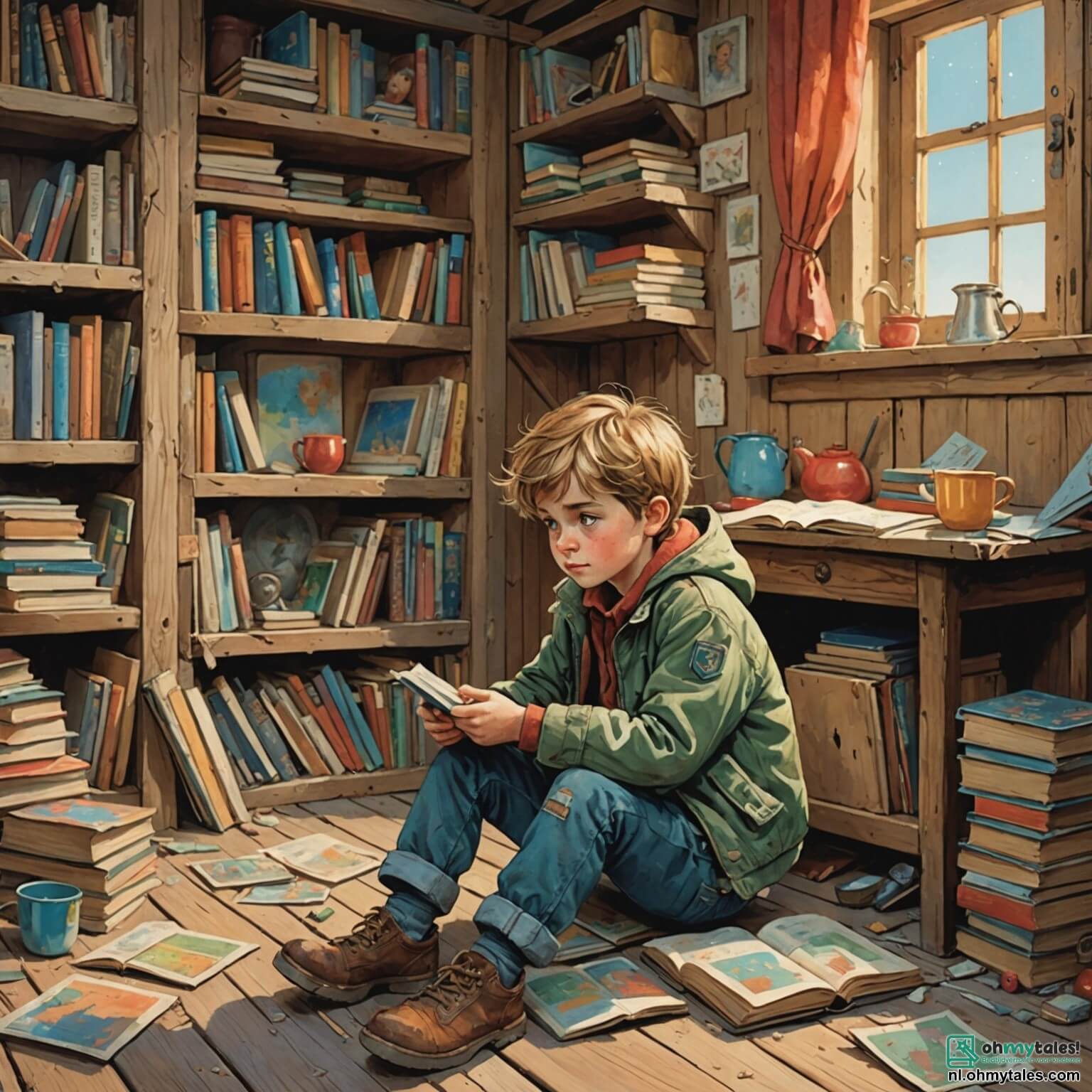 Une illustration destinée aux enfants représentant un garçon aux cheveux châtain clair, vêtu d'une vieille veste usée et d'un pantalon rapiécé, assis sur le sol en bois rugueux de sa petite maison à la peinture écaillée, entouré de livres aux couvertures colorées qui l'emportent dans des mondes lointains, tandis que sa mère, une femme au visage doux et fatigué, s'affaire dans la cuisine aux murs jaunis par le temps, préparant une simple soupe, le tout dans une ambiance chaleureuse mais empreinte de la réalité de la pauvreté qui les entoure, où les rêves d'aventures se mêlent aux défis du quotidien.