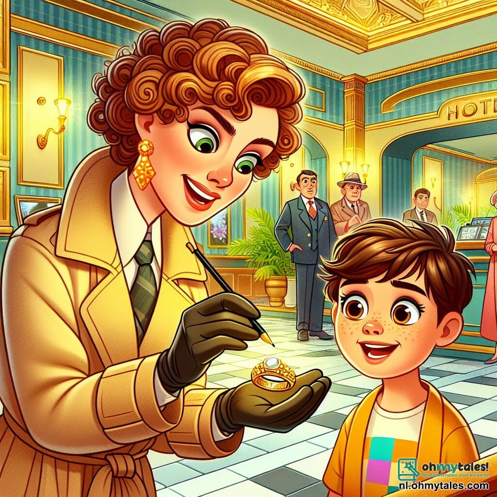 Une illustration sous forme de dessin destinée aux enfants représentant l'intérieur d'un élégant hôtel avec des murs dorés et une grande réception, où une femme détective aux cheveux bouclés et portant un trench-coat beige examine une brillante bague en or dans sa main, tandis qu'un jeune garçon aux yeux pétillants et aux cheveux châtains, vêtu d'un t-shirt coloré, l'observe avec émerveillement, tous deux entourés de clients curieux et d'un manager anxieux, créant une atmosphère de mystère et d'excitation alors qu'ils tentent de résoudre le vol d'un précieux bijou.