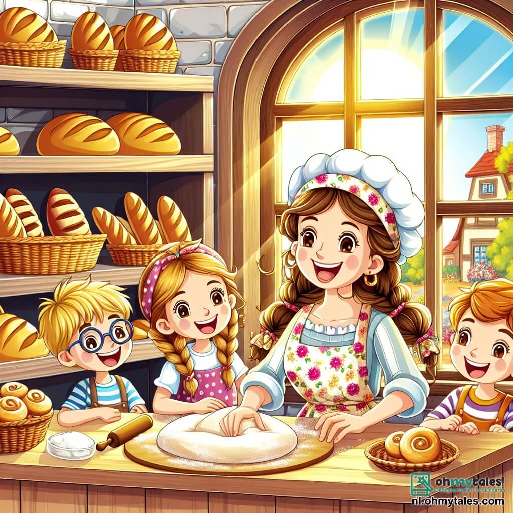 Une illustration sous forme de dessin destinée aux enfants représentant une charmante boulangerie ensoleillée avec des étagères remplies de pains dorés et de pâtisseries colorées, où une femme joyeuse aux cheveux bouclés et au tablier fleuri pétrit de la pâte avec un grand sourire, tandis que trois enfants, un garçon aux lunettes et deux filles aux cheveux tressés, l'observent avec émerveillement, impatients de goûter aux délices qu'elle prépare pour la grande compétition de boulangerie du village.