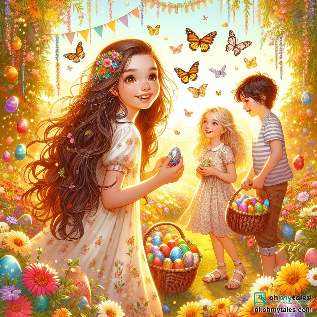 Illustratie van een bloeiende tuin, verlicht door het gouden licht van de lentenzon. De kleurrijke bloemen dansen zachtjes in de bries, terwijl multicolore vlinders eromheen fladderen. In het midden van deze scène zit een 11-jarig meisje met lange, gevlochten bruine haren en nieuwsgierige ogen, met een glanzend paasei in haar handen. Ze draagt een lichte jurk met bloemenpatroon en sandalen. Naast haar staan twee vrienden: een 10-jarig meisje met krullend blond haar en een stralende glimlach, die een mand vol gekleurde eieren vasthoudt, en een 11-jarige jongen met kastanjebruine haren en een bril, die om zich heen kijkt met een opgewonden blik. Ze zijn allemaal bezig met het zoeken naar verborgen eieren in de tuin, lachend en hun vreugde delend. Op de achtergrond zijn er paask versieringen, zoals bloemenkransen en kleurrijke ballonnen, die een feestelijke sfeer aan deze magische scène toevoegen.