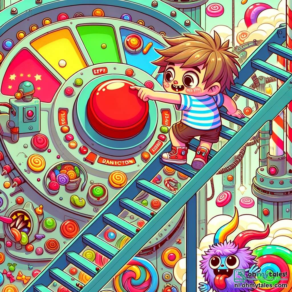 Une illustration sous forme de dessin destinée aux enfants représentant une grande et colorée usine de bonbons, avec un garçon de 7 ans aux cheveux bruns en bataille, portant un t-shirt rayé et un short, qui grimpe sur une échelle pour atteindre une grande bouton rouge, tandis qu'un petit être magique aux yeux ronds et à la fourrure colorée danse joyeusement en bas, entouré de machines crachant des sucreries volantes, illustrant le moment où ils tentent de réparer la fabrique de bonbons en appuyant sur le bouton mystérieux.