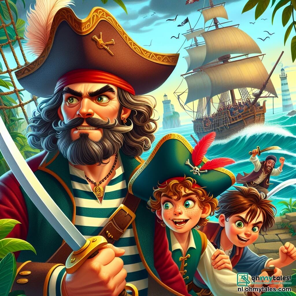 Une illustration sous forme de dessin destinée aux enfants représentant une scène vibrante sur l'île de la tempête, où un homme pirate au regard déterminé, portant un chapeau à plumes et une chemise rayée, brandit son épée avec bravoure, tandis qu'une jeune fille au visage espiègle, aux cheveux bouclés, aide à hisser les voiles du navire en arrière-plan, et un garçon aux yeux pétillants, vêtu d'une tunique colorée, observe avec admiration, alors qu'ils se préparent à affronter une bande de pirates rivaux qui surgissent des buissons, créant une atmosphère de tension et d'aventure.