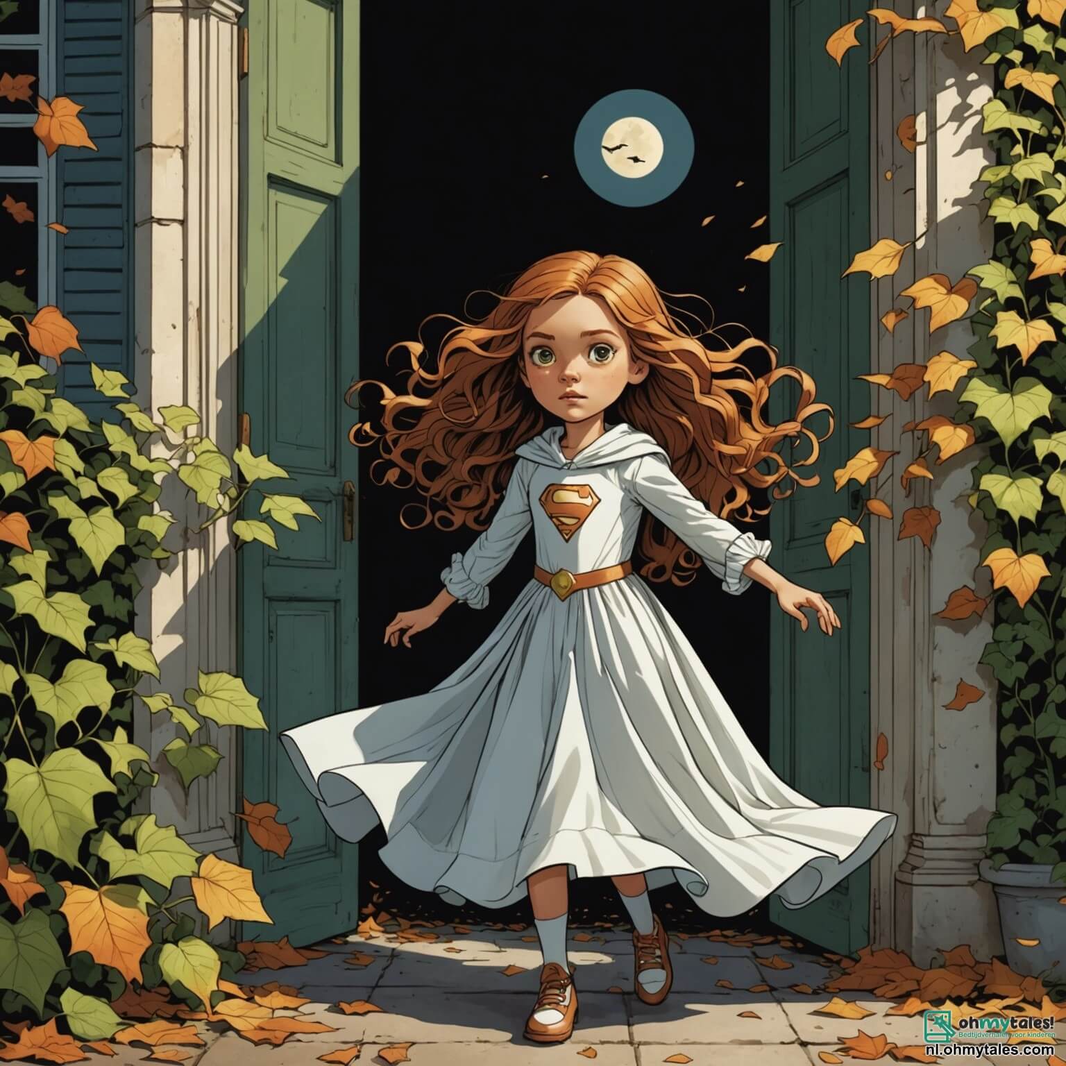 Une illustration destinée aux enfants représentant une petite fille aux longs cheveux châtains flottant comme des feuilles d'automne dans le vent, vêtue d'un drap blanc transformé en costume de super-héros mystérieux, se tenant courageusement devant un vieux manoir aux volets grinçants, dont les murs sont recouverts de lierre et les fenêtres poussiéreuses laissent entrevoir des ombres dansantes, tandis qu'à ses côtés, son meilleur ami aux boucles dorées, déguisé en zombie avec un maquillage effrayant et un t-shirt déchiré, l'encourage à explorer les secrets de cette maison hantée, où les histoires de sorcières et de fantômes semblent prendre vie à chaque coin sombre.