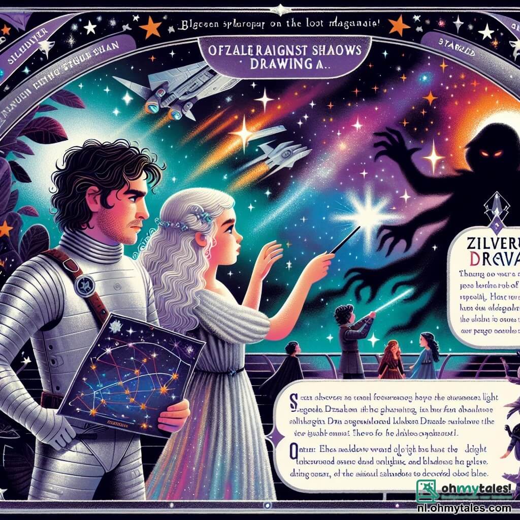 Une illustration sous forme de dessin destinée aux enfants représentant un paysage féerique de l'espace, avec des étoiles scintillantes et une nébuleuse colorée en arrière-plan, où un homme aux cheveux ébouriffés et à la combinaison spatiale argentée, tenant une carte stellaire, se tient déterminé à bord de son vaisseau spatial, la "Zilveren Draak", tandis qu'à ses côtés, une femme mystérieuse aux longs cheveux brillants et à la robe flottante, brandissant une baguette magique, l'encourage à affronter des ombres menaçantes qui se rapprochent, symbolisant la lutte entre la lumière et les ténèbres dans leur quête pour restaurer la magie perdue.