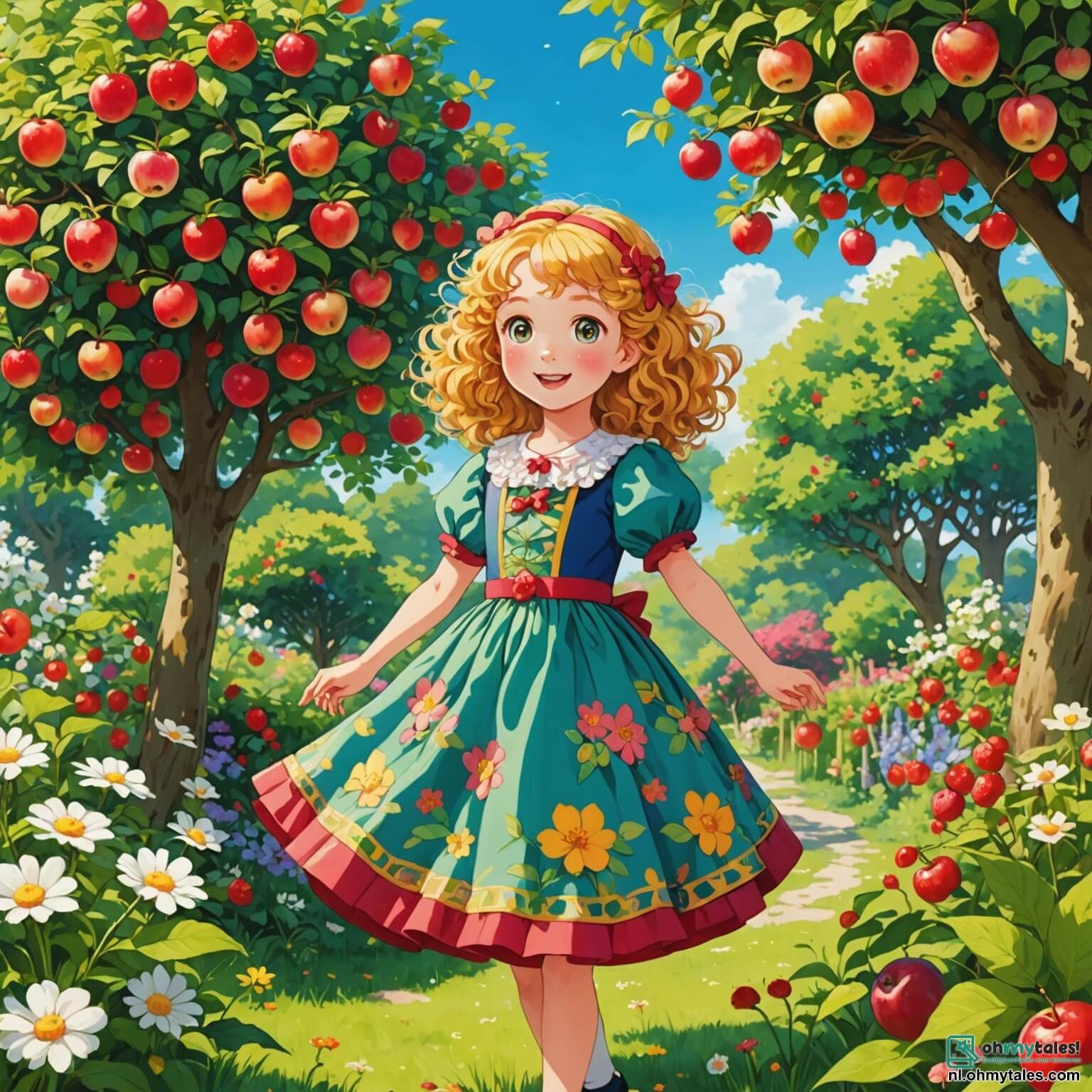 Une illustration destinée aux enfants représentant une petite fille aux cheveux bouclés et dorés, vêtue d'une robe colorée ornée de fleurs, qui, avec son doux sourire et son regard pétillant de curiosité, se tient au milieu d'une magnifique et vibrante jardin, où des fleurs multicolores dansent sous le doux souffle du vent et où un grand pommier aux branches chargées de fruits rouges s'élève majestueusement, tandis qu'à ses côtés, son fidèle ours en peluche brun, qui semble l'écouter attentivement, et ses deux amis, une fille aux cheveux bruns et une petite garçon aux lunettes rondes, s'activent joyeusement à nettoyer et arroser les plantes, tous unis par leur désir de préserver la beauté de la nature qui les entoure.