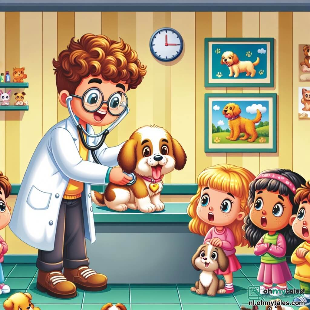 Une illustration sous forme de dessin destinée aux enfants représentant une salle de vétérinaire colorée et accueillante, avec des murs peints en jaune et des posters d'animaux, où une vétérinaire souriante, une femme aux cheveux châtains et bouclés, porte une blouse blanche et écoute le cœur d'un adorable chiot sur la table d'examen, tandis qu'un groupe de cinq enfants, trois filles et deux garçons, aux expressions émerveillées, s'approchent pour observer et apprendre, entourés de jouets en peluche et de petits animaux enjoués, créant une atmosphère joyeuse et éducative.