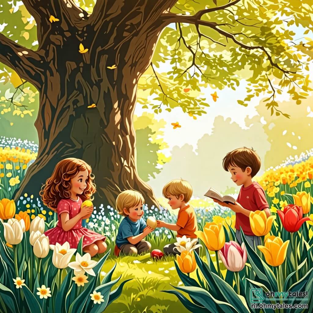 Illustratie van een betoverende scène in een bloeiende tuin, verlicht door het gouden lentezonlicht. De kleurrijke bloemen, zoals tulpen en narcissen, dansen zachtjes in de bries, terwijl een grote oude eik majestueus in het midden staat, met zijn uitgestrekte takken die schaduw bieden. In deze scène zijn vier kinderen samengekomen. Een meisje van ongeveer 8 jaar, met krullend kastanjebruin haar, glimlacht verwonderd terwijl ze een glanzend ei in haar handen houdt. Naast haar kijkt een 9-jarig jongetje met blond haar en sprankelende ogen nieuwsgierig naar een klein papierrolletje dat hij net heeft opgegraven. Een ander meisje, ongeveer 7 jaar, met vlechten en een kleurrijk T-shirt, hurkt om de bloemen aan te raken, gefascineerd door hun schoonheid. Ten slotte wijst een 10-jarig jongetje met een ondeugende glimlach naar de oude eik, alsof hij een ongelooflijke ontdekking heeft gedaan. De hoofdsituatie toont de kinderen die volop aan het verkennen zijn, op zoek naar verborgen paasschatten onder de bloemen en takken, vol opwinding en mysterie. Gekleurde eieren en lekkernijen zijn verspreid om hen heen, wat een vleugje magie aan deze vrolijke scène toevoegt. Vogels zingen in de bomen en een lichte bries laat de bladeren ritselen, wat een feestelijke en avontuurlijke sfeer creëert.