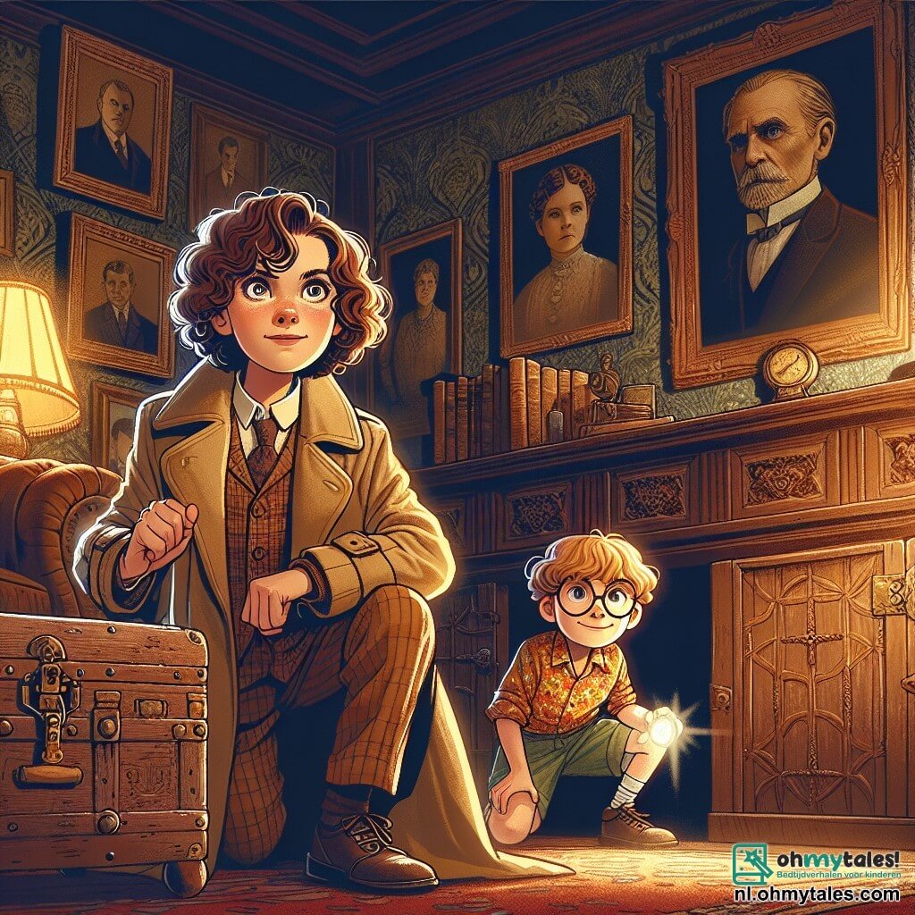 Illustratie die een mysterieuze scène in een oud en majestueus landhuis weergeeft. De muren zijn versierd met familieportretten met ernstige gezichten, en de houtsnijwerkmeubels zijn bedekt met een dunne laag stof. Het zachte licht filtert door de fluwelen gordijnen, wat een zowel intrigerende als warme sfeer creëert. In het midden van de afbeelding zit een detectivevrouw van ongeveer dertig jaar, met krullend bruin haar en nieuwsgierige ogen, voor een oude houten luik. Ze draagt een beige trenchcoat en houdt een klein notitieboekje in één hand, terwijl haar andere hand op het luik ligt, alsof ze het op het punt staat te openen. Haar uitdrukking is geconcentreerd en vastberaden. Naast haar kijkt een jonge jongen van ongeveer elf jaar, met rommelig blond haar en ronde bril, verwonderd. Hij draagt een kleurrijk t-shirt en een korte broek, en houdt een zaklamp vast die het luik verlicht. Zijn gezicht toont zowel angst als opwinding. De belangrijkste situatie toont de detective en de jongen die een geheime doorgang in het landhuis ontdekken, wat het begin van een spannend avontuur symboliseert. Extra grafische elementen zijn mysterieuze schaduwen op de muren, oude boeken die om hen heen verspreid liggen, en een oude kaart op een nabijgelegen tafel, wat een vleugje intrige aan de scène toevoegt.