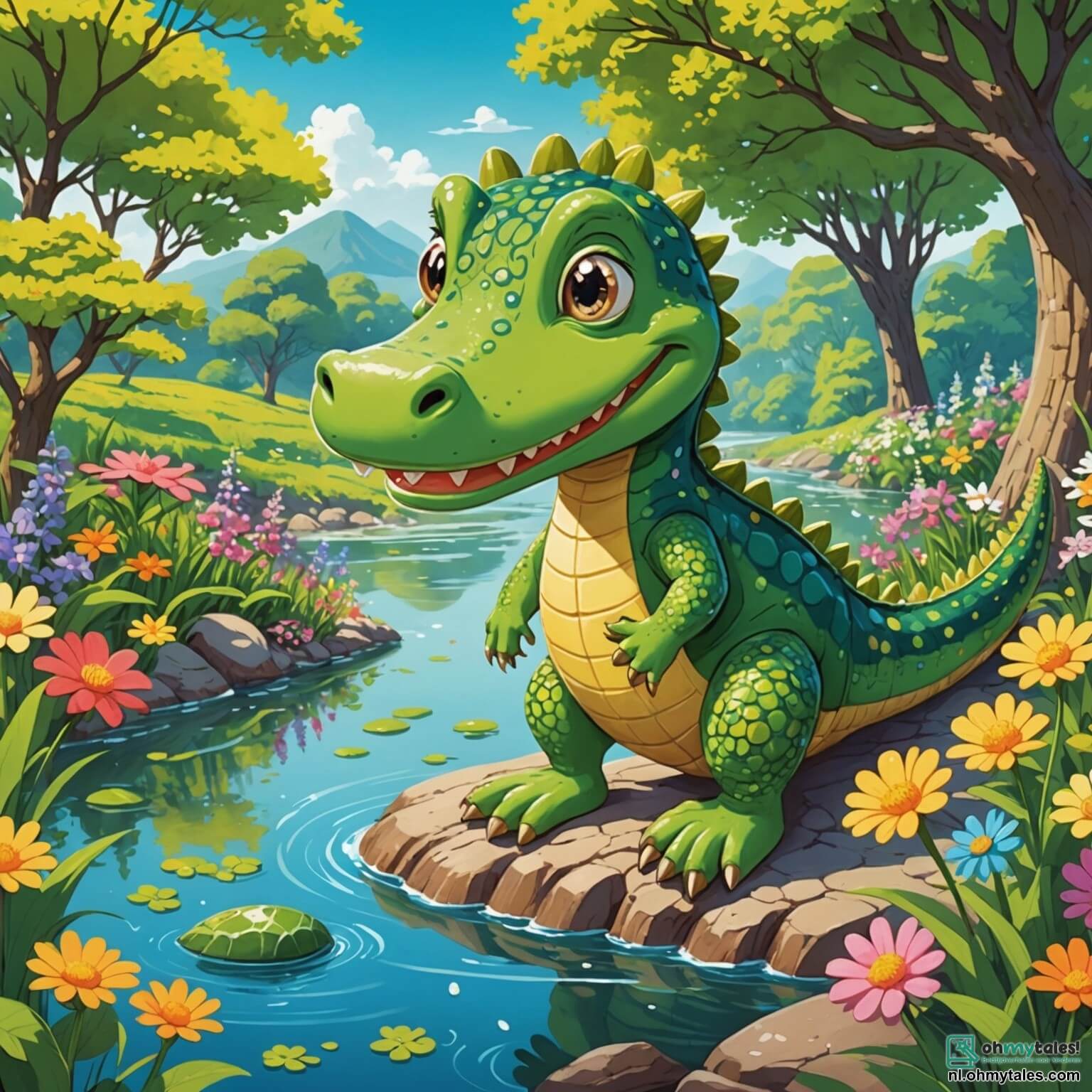 Une illustration destinée aux enfants représentant un crocodile curieux aux écailles vertes étincelantes, avec de grands yeux pétillants de malice, se tenant sur la berge ensoleillée d'une rivière scintillante, entouré de fleurs colorées qui dansent au gré du vent, tandis qu'il s'apprête à explorer la mystérieuse colline parsemée d'arbres aux troncs noueux et de buissons fleuris, où l'attendent ses amis, un écureuil espiègle aux poils soyeux et un joyeux lapin au chapeau rigolo, tous prêts à vivre une aventure pleine de rires et de découvertes.