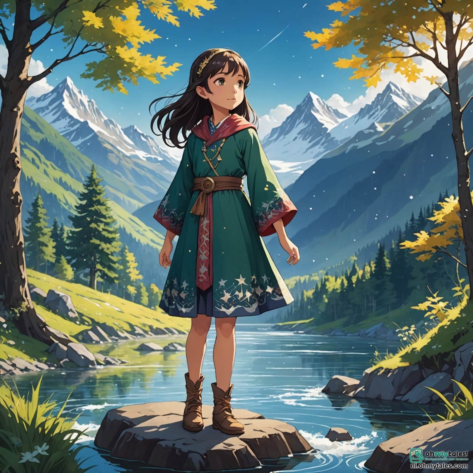 Une illustration destinée aux enfants représentant une jeune fille aux yeux pétillants de curiosité, vêtue d'une tunique colorée ornée de motifs étoilés, se tenant courageusement au bord d'une rivière scintillante, entourée de montagnes majestueuses aux sommets enneigés et de forêts luxuriantes où des créatures magiques dansent entre les arbres, alors qu'elle se prépare à affronter une ombre menaçante qui plane sur sa ville enchantée, avec à ses côtés un sage hibou aux plumes dorées, symbole de sagesse, et un mystérieux jeune garçon aux cheveux ébouriffés, qui l'accompagne dans sa quête pour sauver leur monde de l'obscurité.