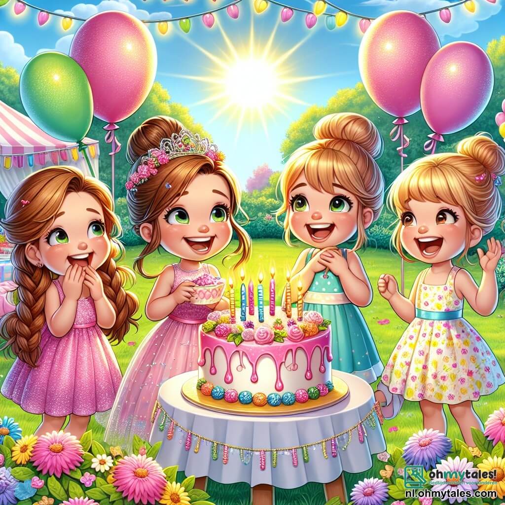 Illustratie van een vrolijk verjaardagsfeest in een zonnige tuin. De grond is bedekt met een stralend groene grasmat, bezaaid met kleurrijke bloemen. In het midden staat een grote tafel versierd met kleurrijke ballonnen en glinsterende slingers, met een prachtige roze taart met vier brandende kaarsjes.

Drie jonge meisjes zijn aanwezig: de eerste, een vierjarig meisje met lange, gevlochten bruine haren, draagt een glinsterende roze jurk en glimlacht vrolijk terwijl ze een stuk taart vasthoudt. De tweede, een vierjarig meisje met een blonde bun, gekleed in een blauwe jurk, steekt lachend haar armen omhoog. De derde, een vierjarig meisje met kastanjebruine haren, in een gele jurk met bloemen, kijkt haar vriendinnen aan met fonkelende ogen van blijdschap.

De scène toont het moment waarop de meisjes een spelletje waarheid of leugen spelen, omringd door gelach en saamhorigheid. Kleurrijke tekstballonnen zweven om hen heen, die hun grappige uitspraken illustreren. Op de achtergrond straalt een stralende zon in een blauwe lucht, wat een warme en feestelijke sfeer aan deze illustratie toevoegt.