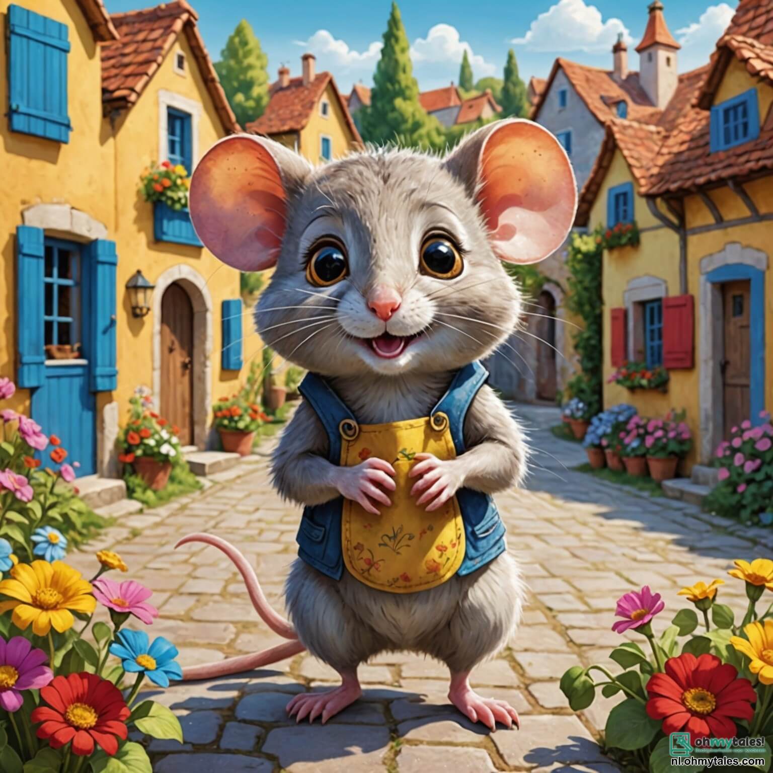 Une illustration destinée aux enfants représentant un petit rat aux yeux pétillants et à la fourrure grise scintillante, debout sur ses pattes arrière avec un grand sourire, dans un village pittoresque où les maisons colorées aux volets bleus et aux toits en tuiles rouges sont entourées de champs de fleurs éclatantes et de grands arbres verdoyants, tandis qu'il s'apprête à organiser un festin joyeux pour tous ses amis animaux, y compris un hibou sage aux plumes dorées, un lapin espiègle aux grandes oreilles, et une écureuil malicieuse, au cœur d'une clairière ensoleillée où le chant des oiseaux et le parfum des délices sucrés flottent dans l'air.