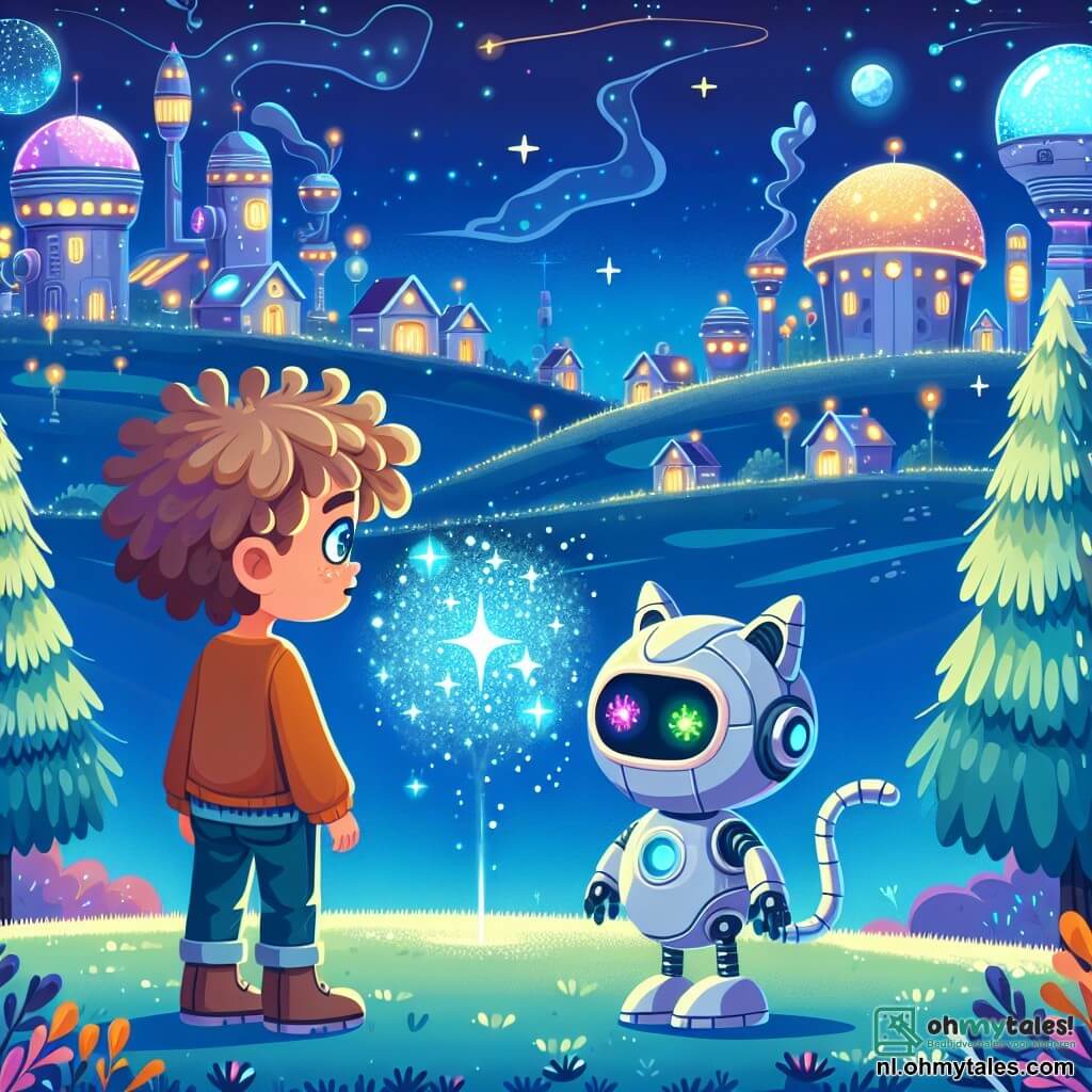 Une illustration sous forme de dessin destinée aux enfants représentant un paysage féerique sur la planète Glimmer, avec des maisons en métal brillant et des arbres lumineux, où un garçon de 7 ans aux cheveux bouclés et aux yeux pétillants, debout sur une colline, observe avec émerveillement une étoile scintillante qui semble lui parler, tandis qu'à ses côtés, une robotchat aux yeux colorés et à la voix mélodieuse l'encourage avec enthousiasme, capturant l'instant magique où ils décident de partir à l'aventure pour découvrir la magie des étoiles.