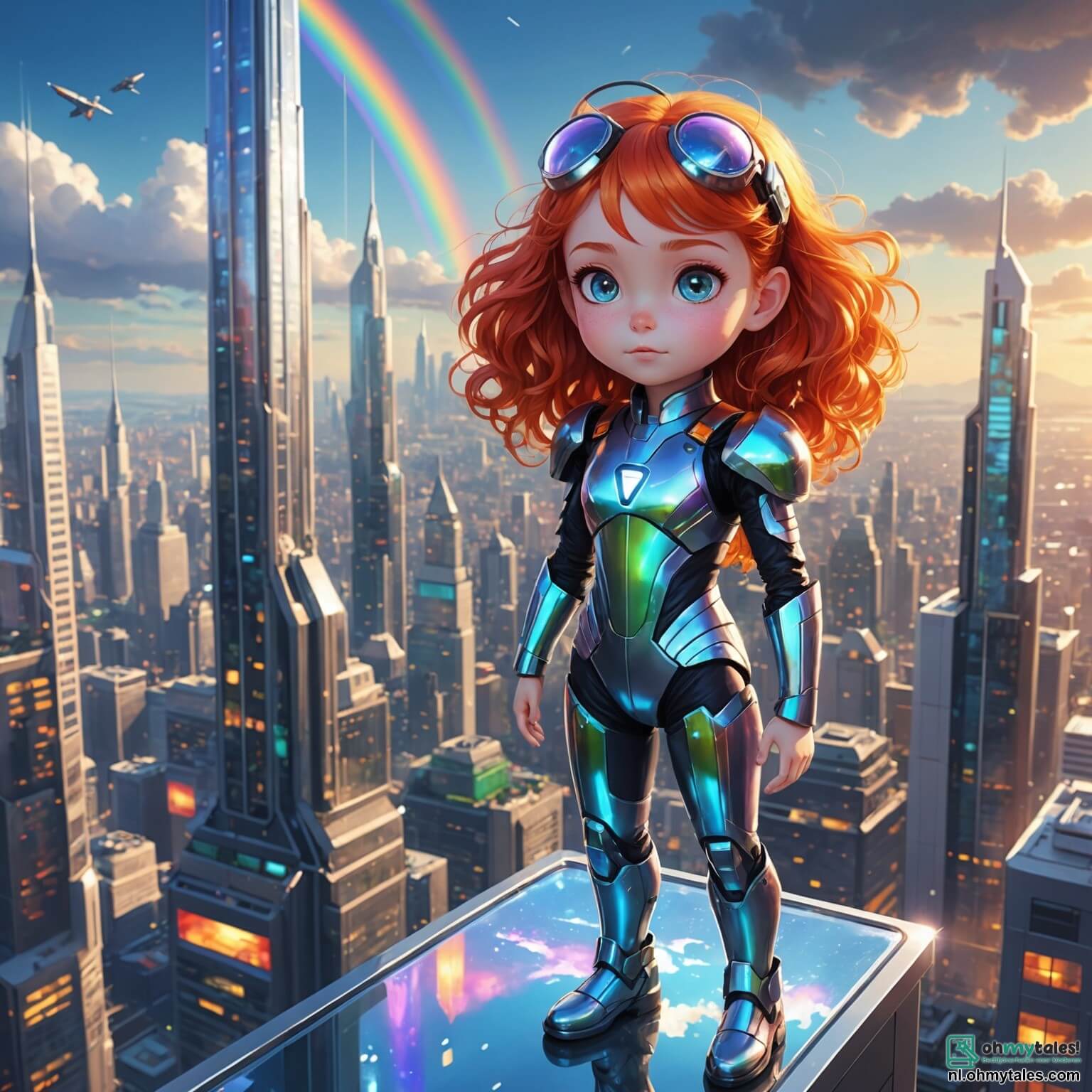Une illustration destinée aux enfants représentant une petite fille aux cheveux flamboyants et aux yeux pétillants, vêtue d'une combinaison futuriste scintillante, se tenant au sommet d'un gratte-ciel en verre aux reflets arc-en-ciel, contemplant avec émerveillement une ville futuriste où des voitures volantes glissent entre des bâtiments aux formes organiques et luminescentes, tandis qu'un robot-chat aux yeux changeants, son fidèle compagnon, l'accompagne dans sa quête pour découvrir un mystérieux festival de lumières qui illumine le ciel nocturne, tout cela dans un décor vibrant de néons colorés et de jardins suspendus, où des enfants aux rires joyeux s'amusent sous des arbres phosphorescents.